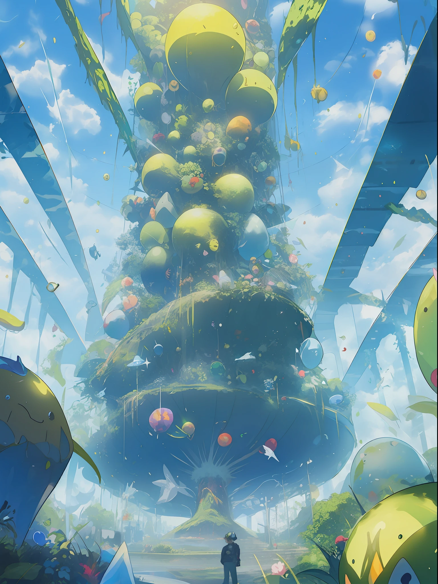 A gigantic yellow fruit, a world tree, Funassyi, Ranranruu, Chic, a butler who can't stop clicking his tongue, 77777, hitting the jackpot, a dancing prop, a fruit enveloped in a yellow translucent outline, the world tree of Kowloon, towering over 200 meters and reaching the dome's ceiling, the worm virus, gigantic tree roots, along the coastline, a big slime, executing debugging, manipulating applications, viruses, error sounds, a handshake, the surface tension of the fruit, competing emulators, Range, Robert Robert, virtual reality, high technology, competing, clones, androids, the blue Kowloon Star, a dome world, the slime's fruit, tering flowers, bearing fruit, undergoing metamorphosis, green vine-like tendrils, countless feathers sprouting from the skin, a Kowloon world tree accompanied by a gigantic yellow fruit, moving like octopus tentacles, the proliferation of gigantic tree roots disguised as marine creatures, Range operating the application, the big slime's fruit, maintaining a constant size due to surface tension, consciousness trapped within the blue Kowloon Star, connection between the emulator mouse and ultrasonic vision, a digital signage umbrella - Hanging Umbrella, the presence of clones and androids, witnessing the world tree during a shootout, the metamorphosis of fruit-bearing flesh-like organisms