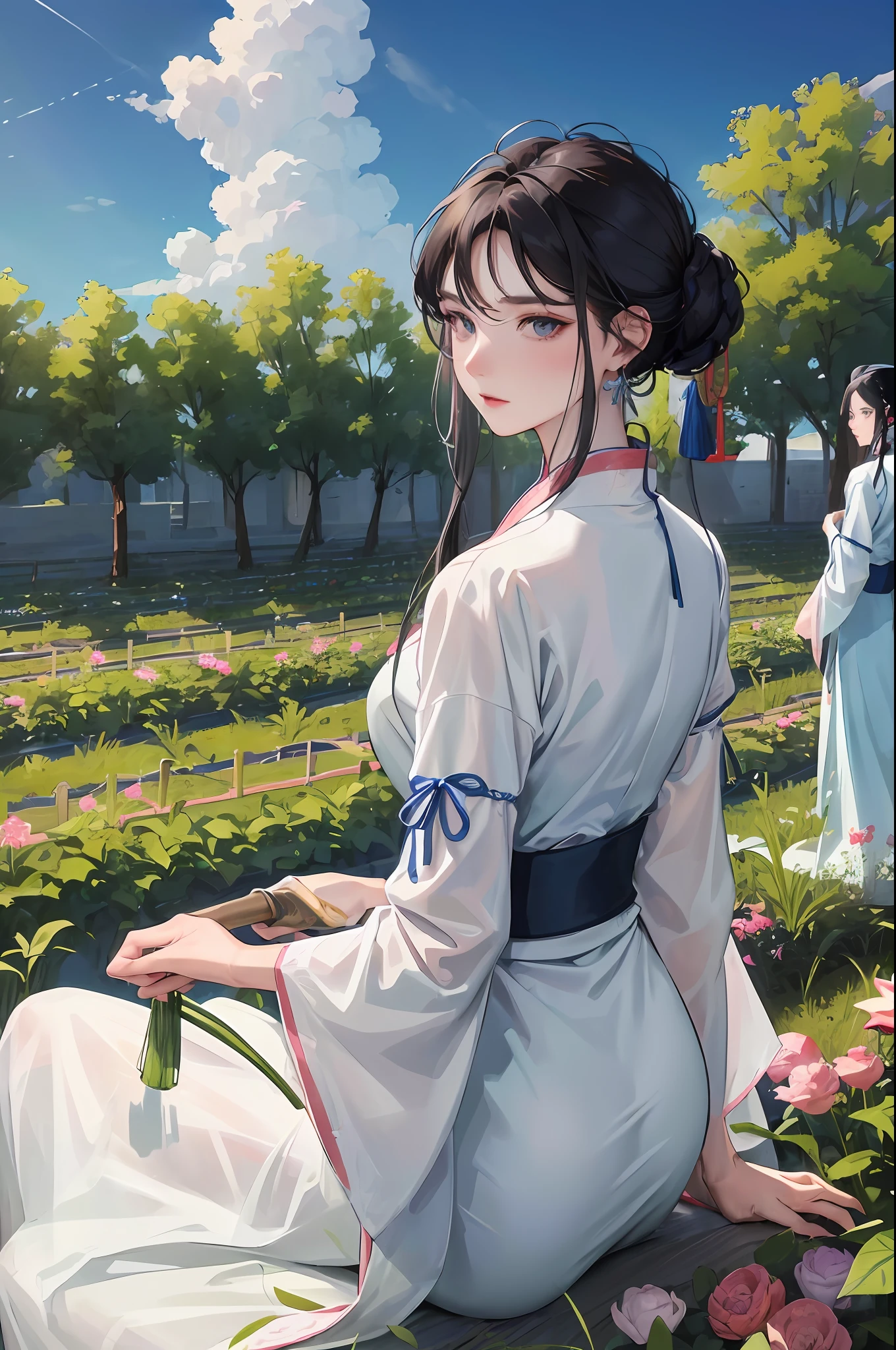 masterpiece, best quality, night, outdoor, bright sky, sunlight, ancient chinese style, 1 woman, mature woman, sister, long black haired woman, blue-gray eyes, pale pink lips, cold, serious, weak, smooth, villager, farmer, old clothes, chinese costume clothing pattern, vegetable growing, farming, farming, gardening, delicate face, delicate face