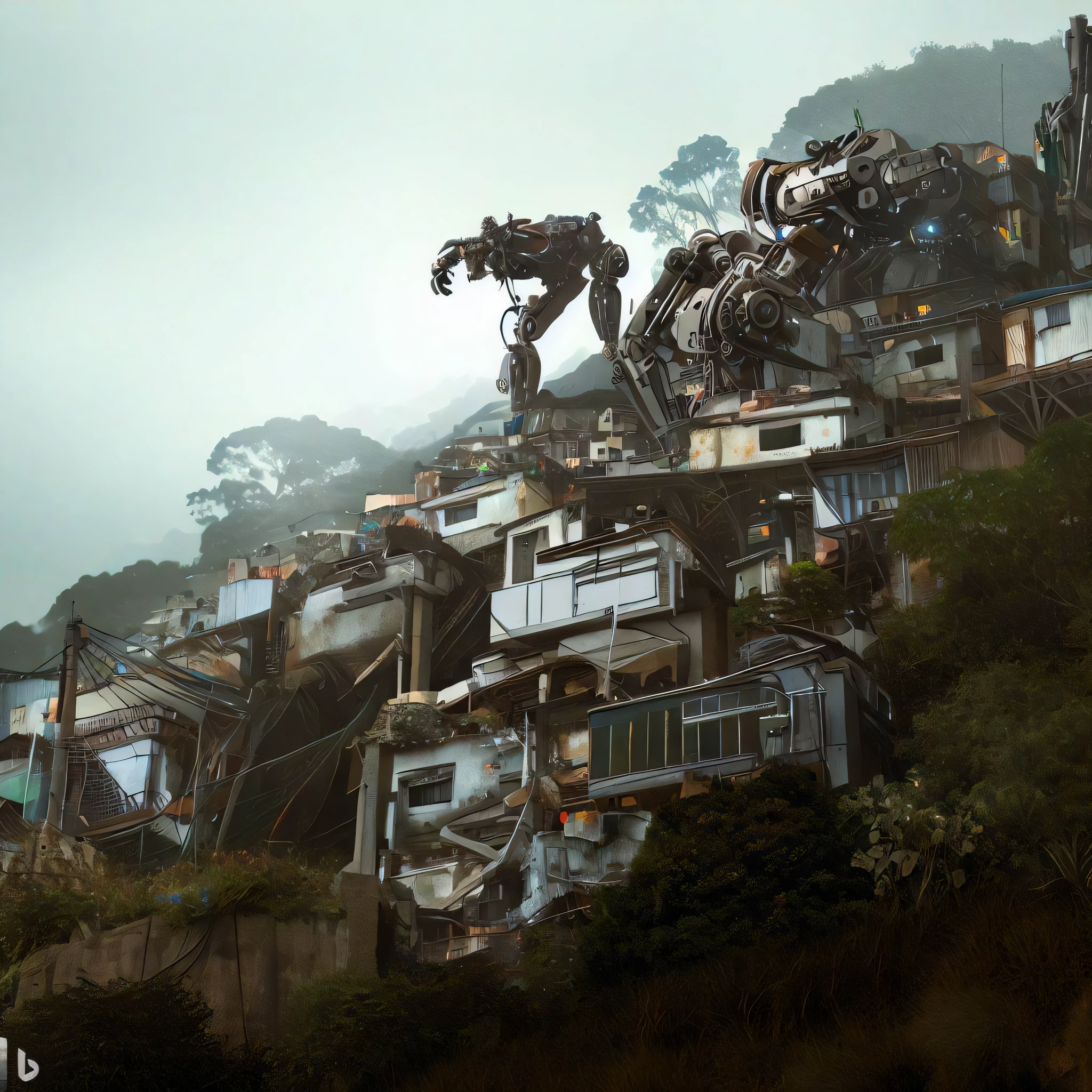 there are two robots that are standing on top of a hill, sci - fi favela sculpture, highly realistic concept art, futuristic favela, slum mountain futuristic urban, stunning photo real concept art, stunning sci-fi concept art, neil blomkamp film landscape, photorealistic concept art, stunning concept art, ultra realistic concept art, beautiful 3 d concept art