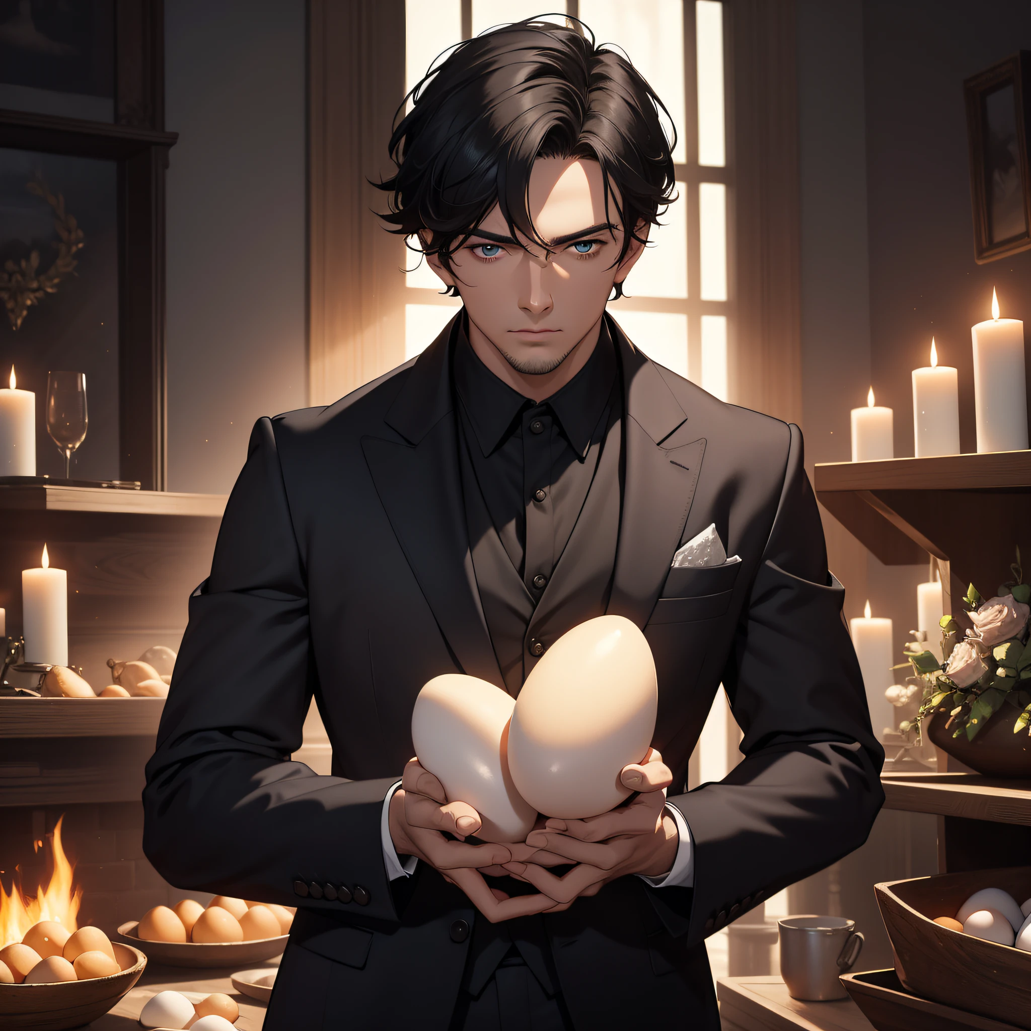 A thirty-year-old middle-aged man in a black suit with short black hair stands in a room piled with eggs, surrounded by firelight, radiant (room full of eggs in the background 1.5) (best quality: 1.1) (Vista 1.5) (masterpiece: 1.3) with unparalleled masterpiece, surreal 8K, perfect artwork, super detail, best quality, masterpiece 4K wallpaper aesthetics, masterpiece, award-winning artwork, official art, cinematic lighting (handsome young man 1.5) (Handsome 1.5) (Vicissitudes 1.3