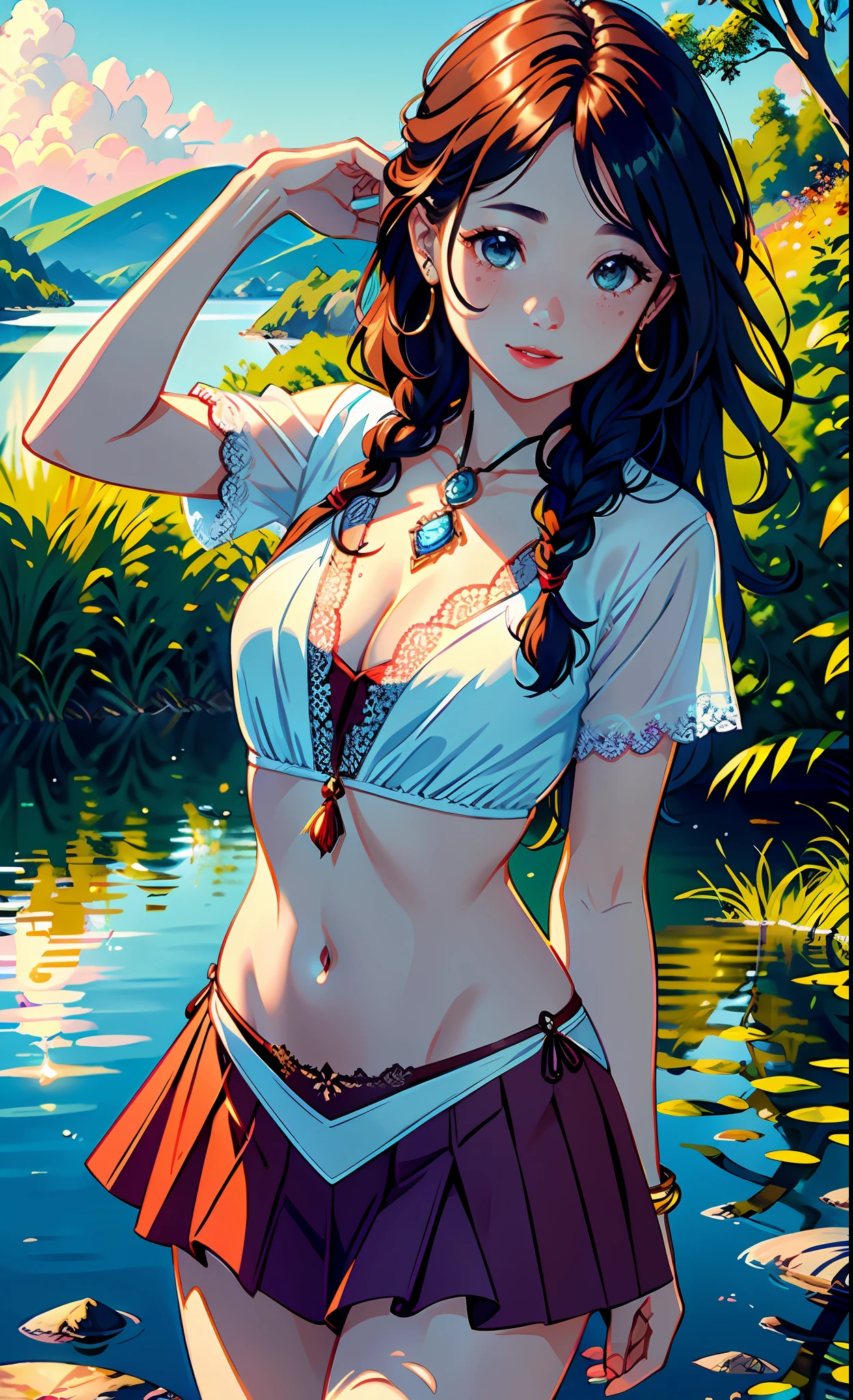 1 girl, expression of great joy, smile, mesmerizing eyes, lipstick on lips hair, long wavy reds with braid, freckles, open shirt and fluttering short skirt with mandala and lace details, balanced posture, porcelain skin, subtle blush, crystal pendant BREAK golden hour, (rim lighting): 1.2, warm tones, reflection of the sun, soft shadows, vibrant colors,  pictorial effect, dreamy atmosphere BREAK scenic lake, distant mountains, reflection, sunlit clouds, tranquil environment, idyllic sunset, ultra detailed, official art, unity 8k wallpaper, zentangle, mandala tattoo