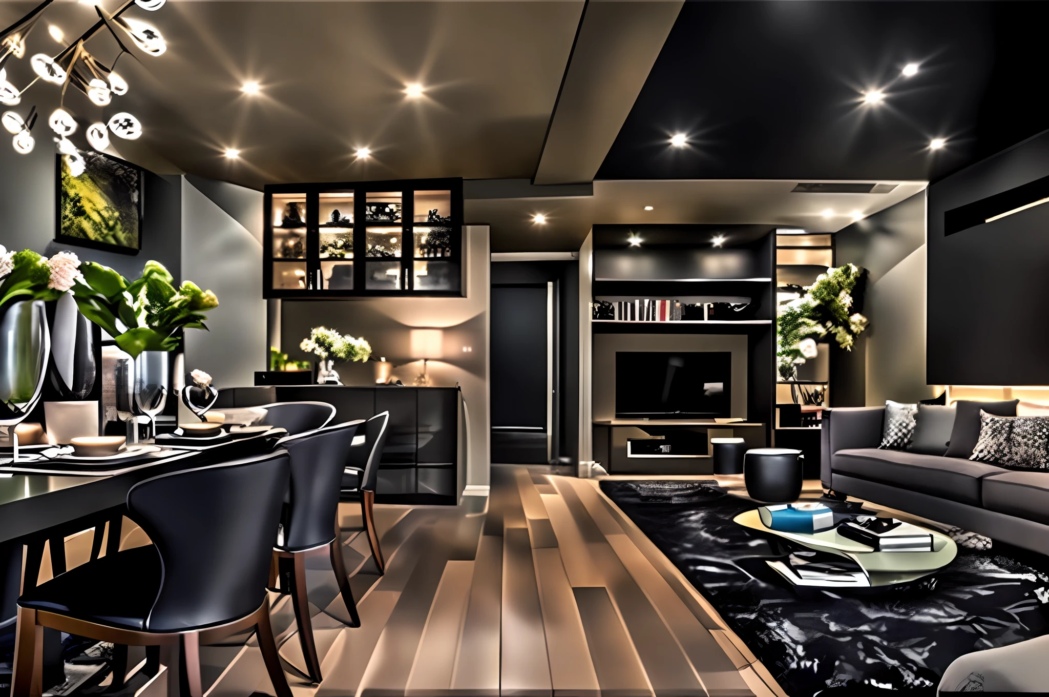 ((Best Quality)), ((Masterpiece)), (Details: 1.4),Living room with sofa, table, chair, TV, black wall apartment, luxury condo interior, inside modern apartment, apartment design, well-equipped space, award-winning interior design, well-equipped space, dramatic contrast lighting, warm lighting interior, modern look, residential design, dramatic ambient lighting, basement, home interior, modern style
