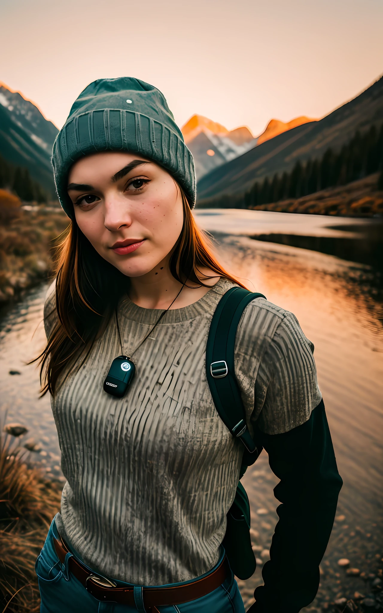 Sasha Grey ((upper body selfie, happy)), masterpiece, best quality, ultra-detailed, solo, outdoors, (night), mountains, nature, (stars, moon) cheerful, happy, backpack, sleeping bag, camping stove, water bottle, mountain boots, gloves, sweater, hat, flashlight, forest, rocks, river, wood, smoke, shadows, contrast, clear sky, analog style (look at viewer:1.2) (skin texture) (film grain:1.3), (warm hue, warm tone:1.2), close up, cinematic light, sidelighting, ultra high res, best shadow, RAW, upper body, wearing pullover