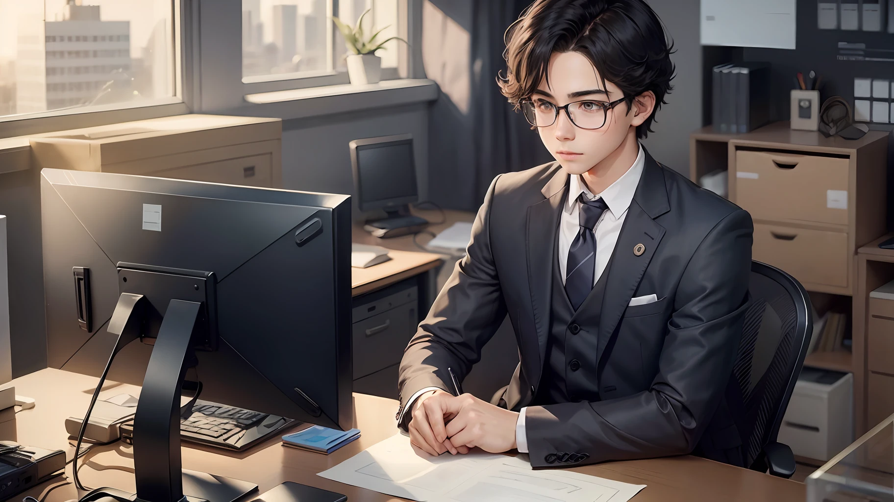 A boy, dark wind, suit, sunshine, sitting in office, big desk working, computer,