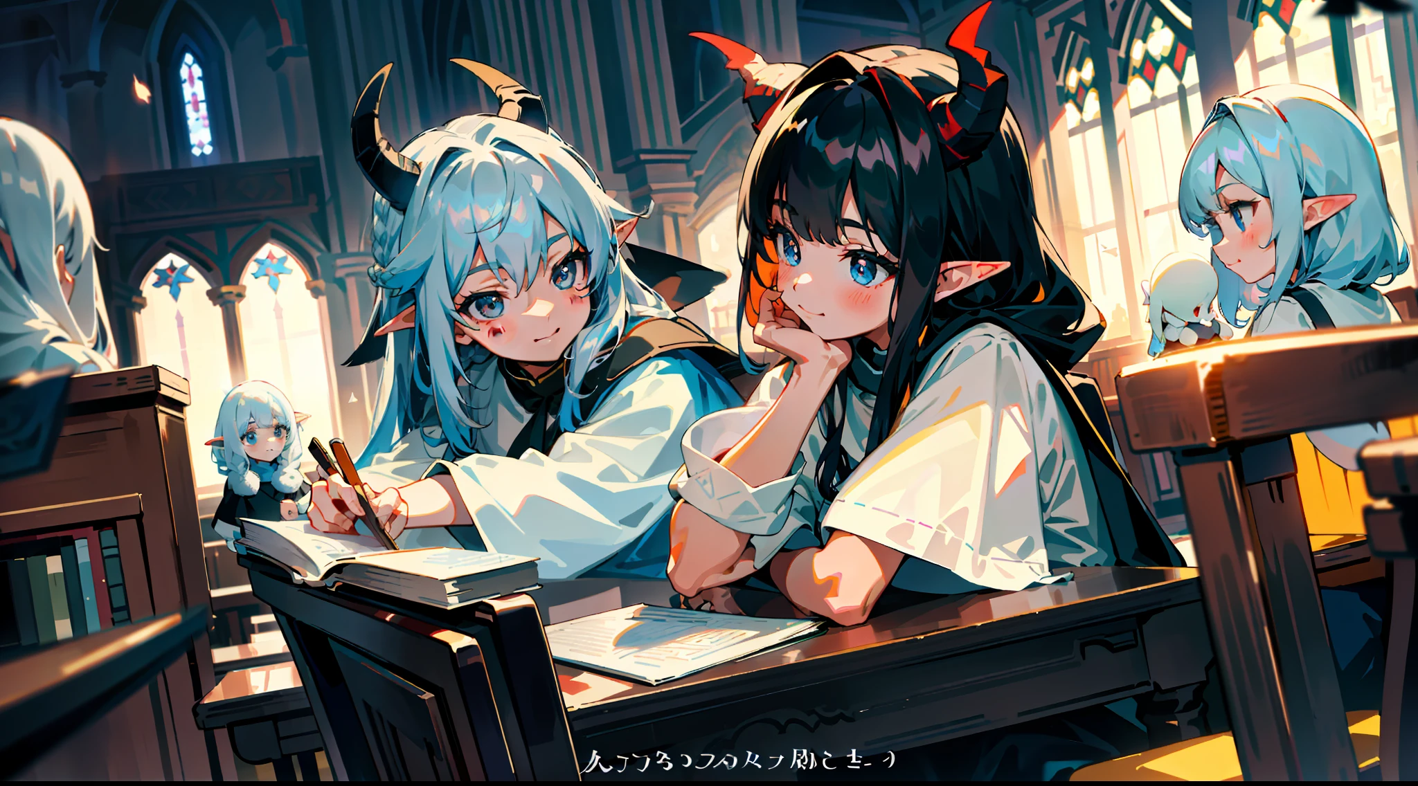(best quality:1.4),(masterpiece:1.3),solo,(church,night,winter,yellow lights, desk lamps,Place elbows on the table,jasmine,black hair,braids,blue eyes,elf ears,red fur coat,2 demon horns:1.3),solo,(Lovely interior, detailed interior,caffee,books, indoors,Lovely interior:1.3), young girl, wide white T-shirts, black eyes, (jewel-like pupils:1.3), (clear faces, hands supporting faces), gazes, serious gazes, smiles, cute girls, fluffy hair, cute dolls