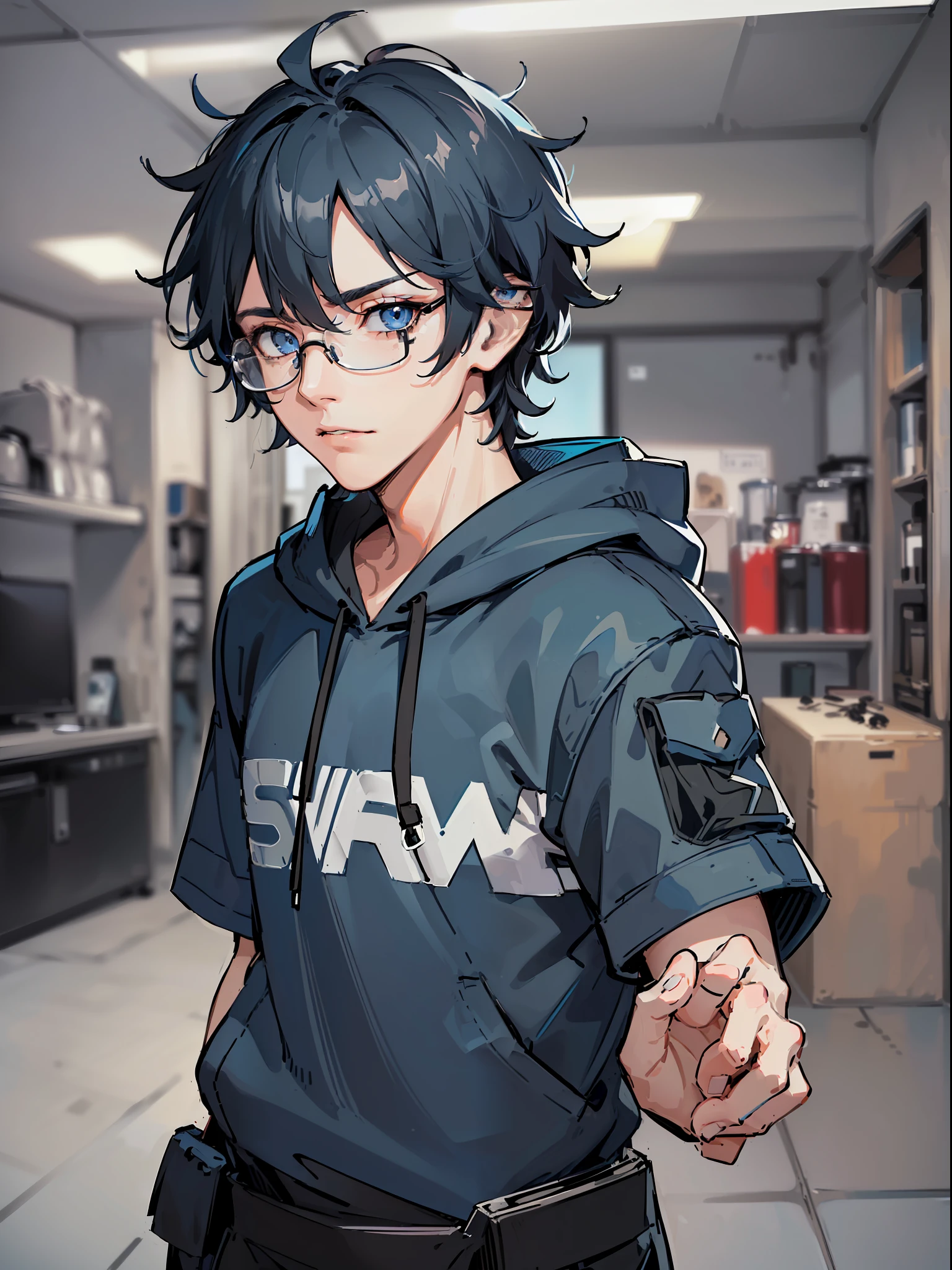 ((highest quality, masterpiece, 4k, finely detailed, detailed eyes, detailed face, intricate details, gelbooru, pixiv)), ((solo)), 1boy, male, masculine, handsome, adult man, guy, square jaw line skinny, lanky, ((shaggy messy hair, longbangs falling into face, messy bangs, dark blue hair color. Black hair strands)), ((pale blue eye color, half-lidded tired eyes, bags under eyes)), looking at viewer, neutral expression, (((modern hoodie with dark blue and black colors, baggy black cargo pants))), hacker room background, ((wearing thick glasses with black square frame))