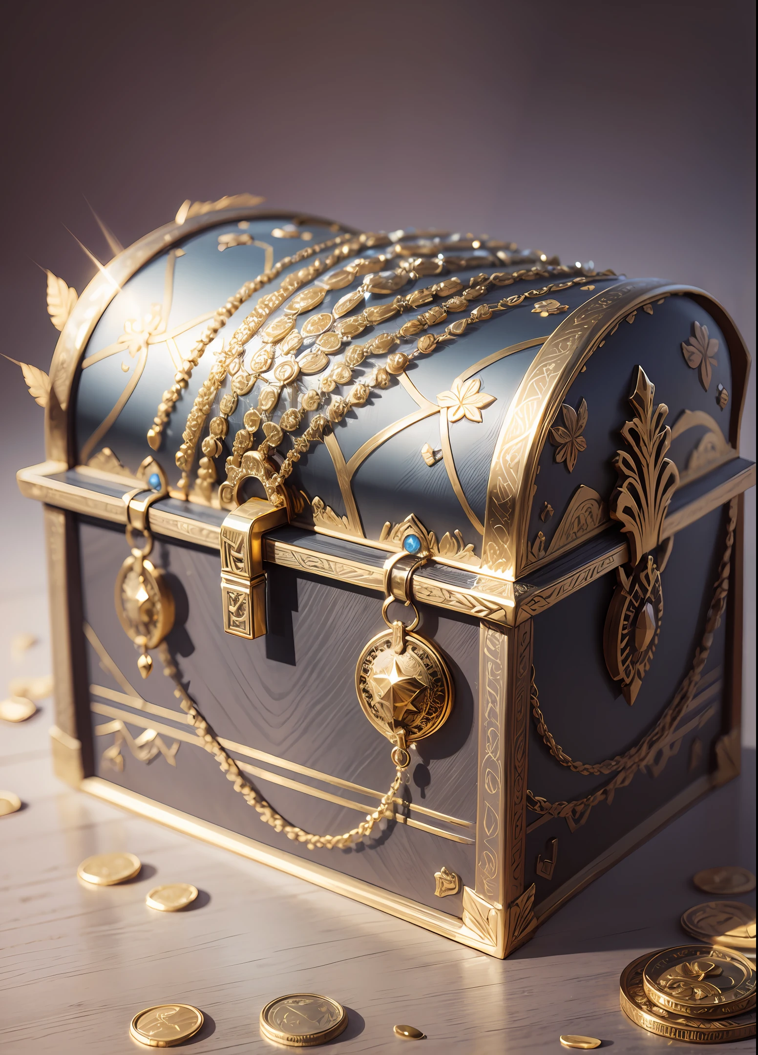 Open chest filled with jewelry and gold coins. Photorealistic style. 8k --auto --s2