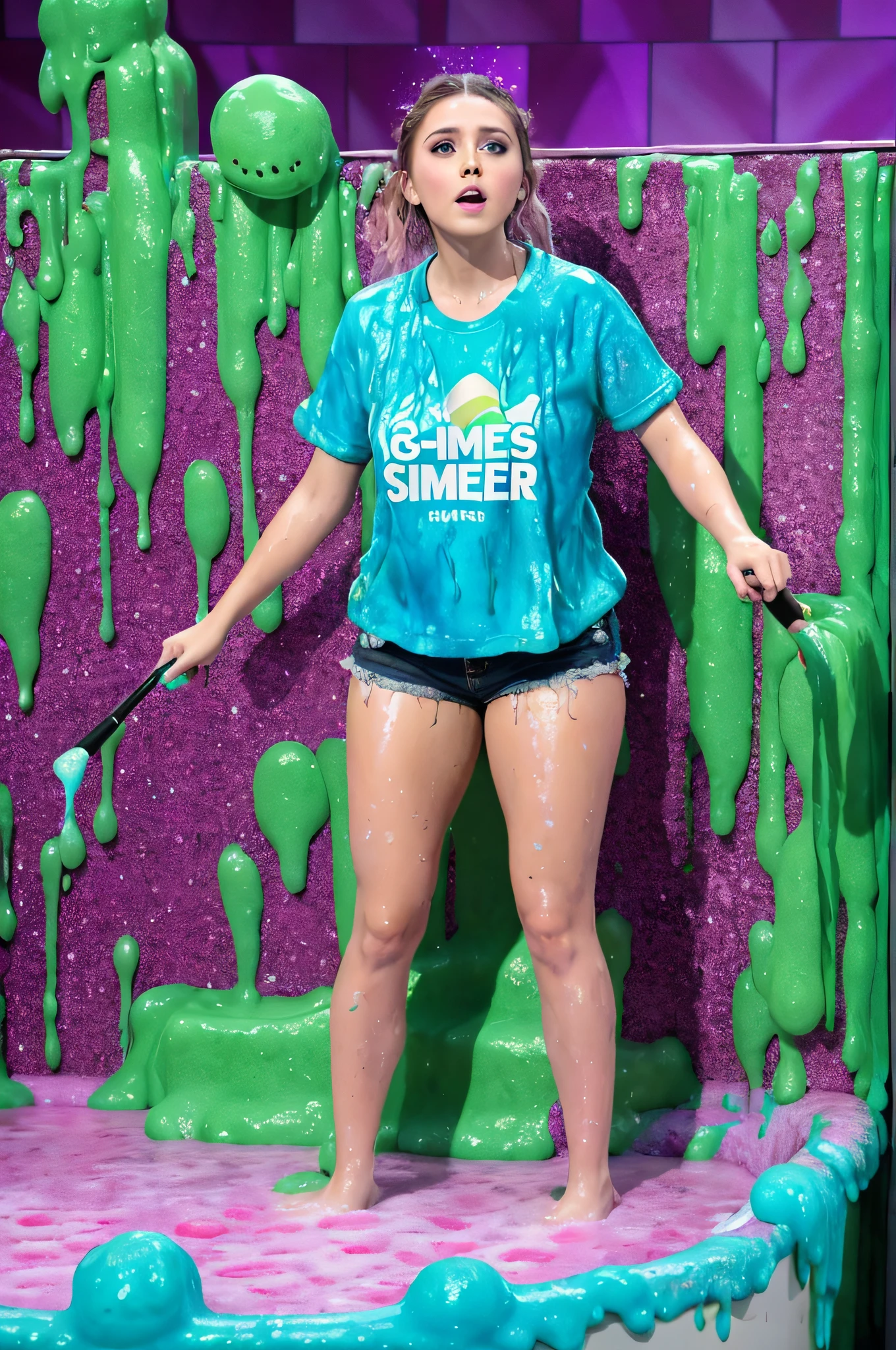 thirty year old woman, wearing a ((t-shirt and shorts)) covered in slime and cake and mud, splattered goo, slime, ((sticky:1.2)), uhd candid photo of dirty, ((gameshow:1.2)), Nickelodeon, awards, (bathtub of slime:1.4), covered in cream, coated, soaked, happy, shocked, spatter, mixed art, gooey, gooey skin, ((hair soaked:1.2)), action painting, 4k, Canon, ((Detailed features::1.2)), real life. Elizabeth Olsen