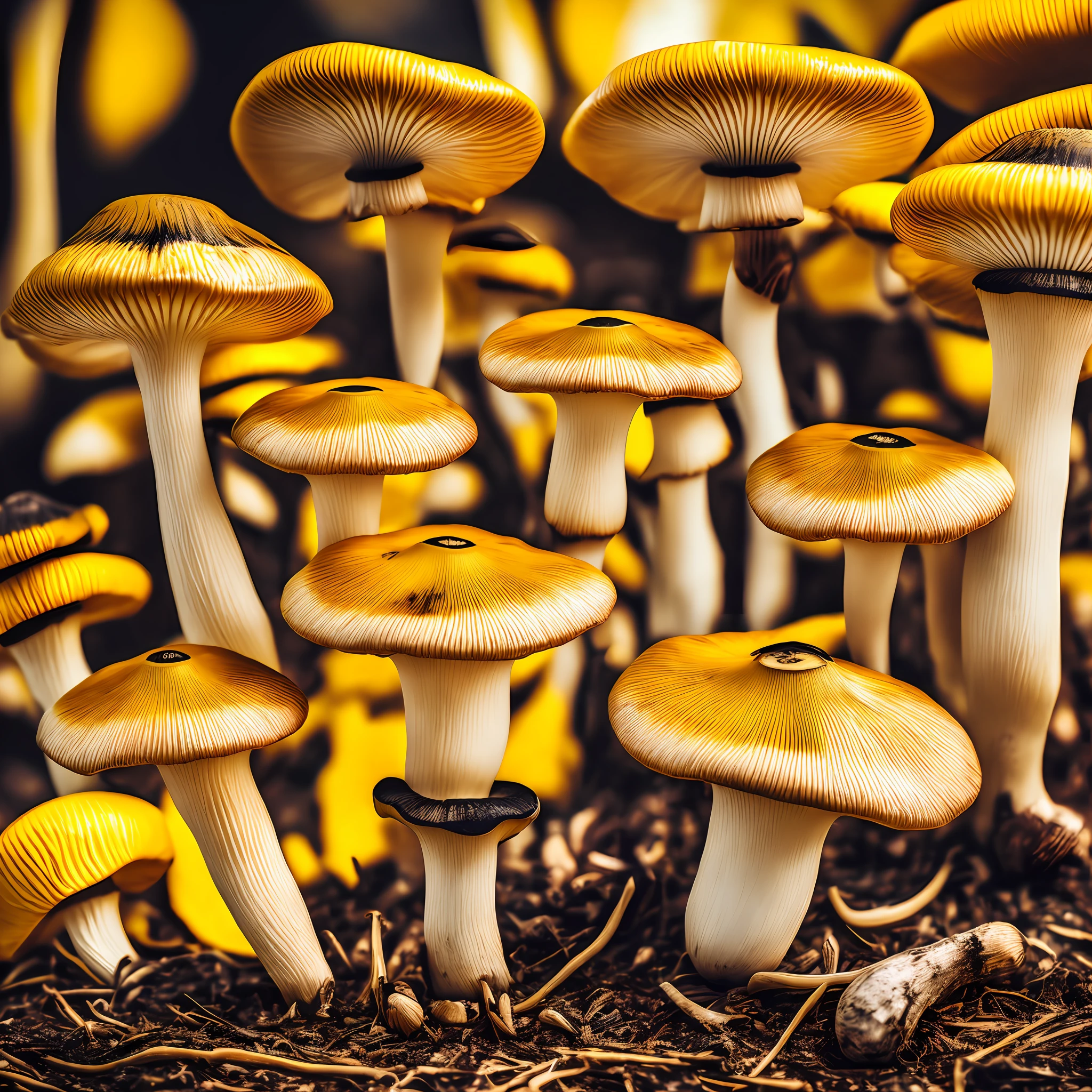 Long yellow mushrooms, fungi, black background, details, 4k, HD, realism, photography --auto --s2