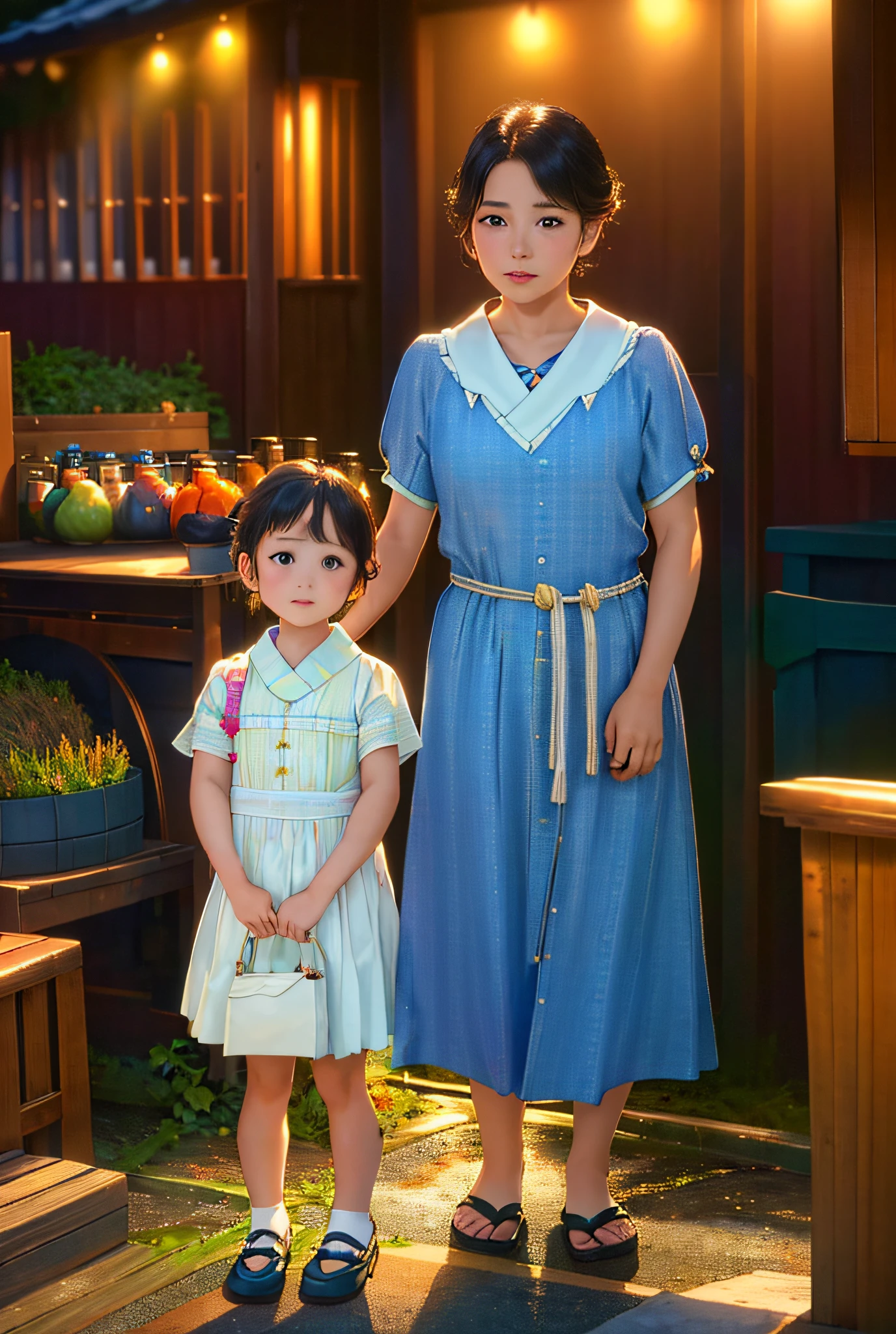 (Japan 5-year-old daughter holding a white bag in both hands: 1.5), (Daughter's aunt standing in front of the store: 1.3), the color of the clothes worn by the aunt is blue patterned, vintage color photo, Japan 1939