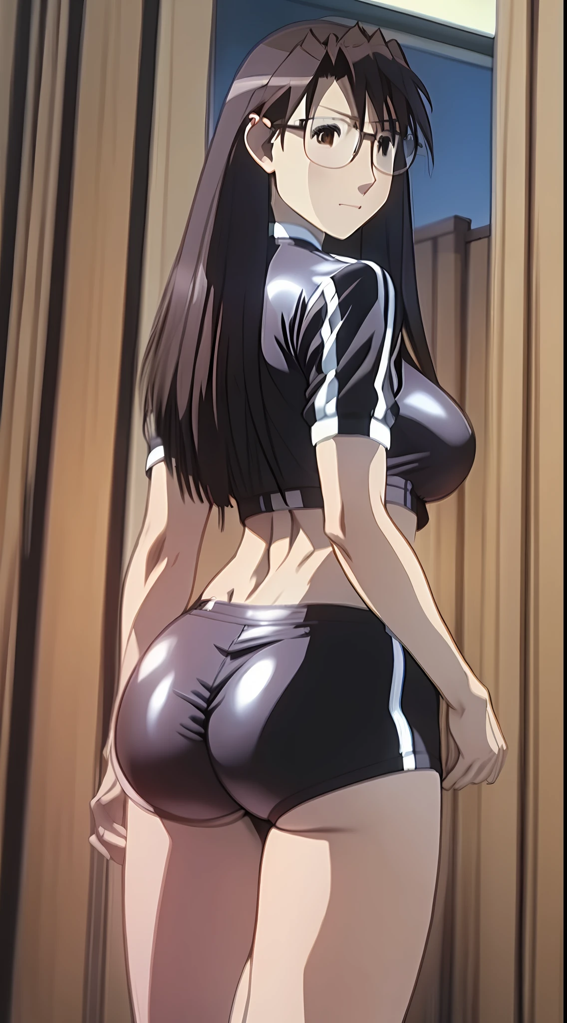 Koyomi Mizuhara, long hair, brunette female with bangs, eyes, glasses, huge breasts, ass, slender figure, athletic build, plump ass, standing, back of view, panty thong, sexy night club outfit, naughty