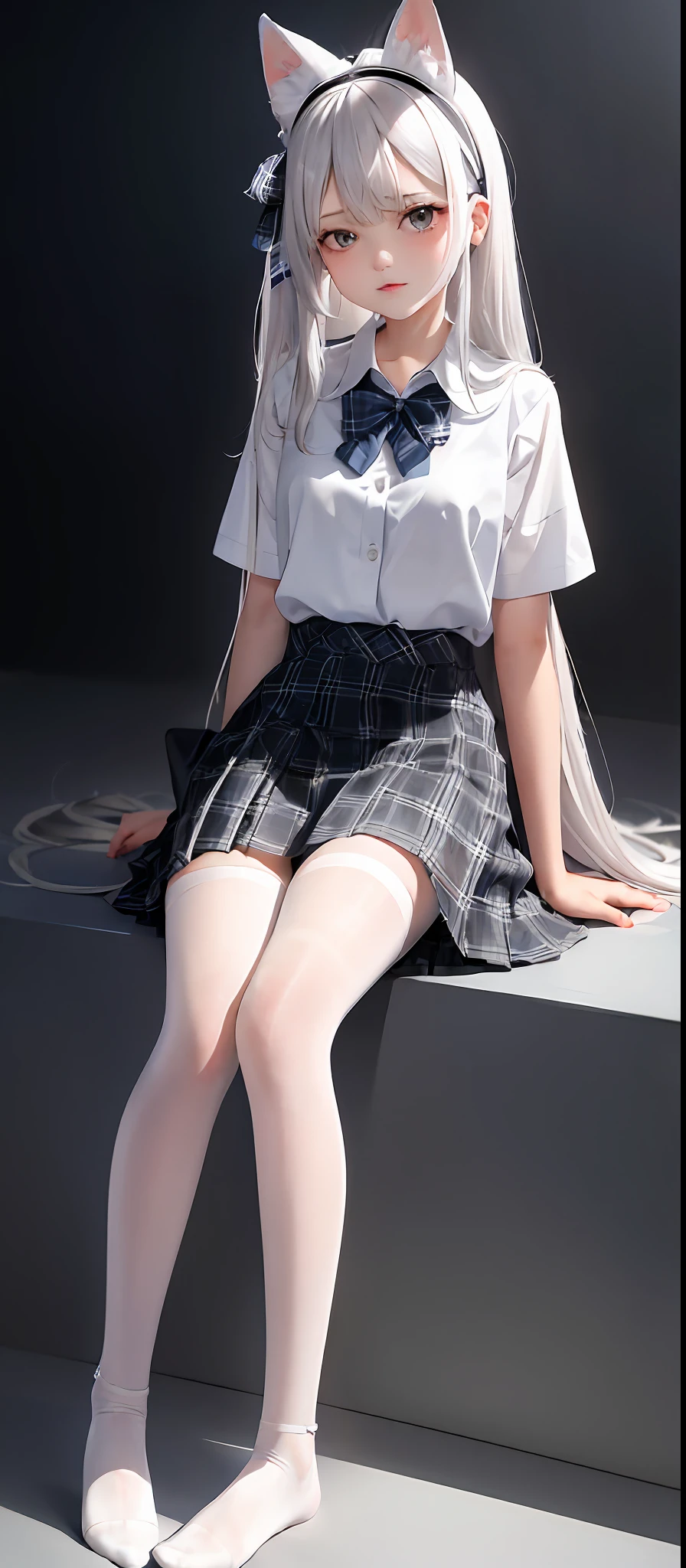 1girl, (masterpiece:1.1), (best quality:1.1), (white blouse:1.1), (plaid skirt:1.1), school uniform, high-waisted skirt, break [blue:pink:0.5] theme, (gradient background: 1.1), denim shot, break silver hair, long hair, red eyes, delicate tiara, sideways, white pantyhose, full body, Close-up of feet, no shoes, bare feet, black stockings, white fox ears, temptation