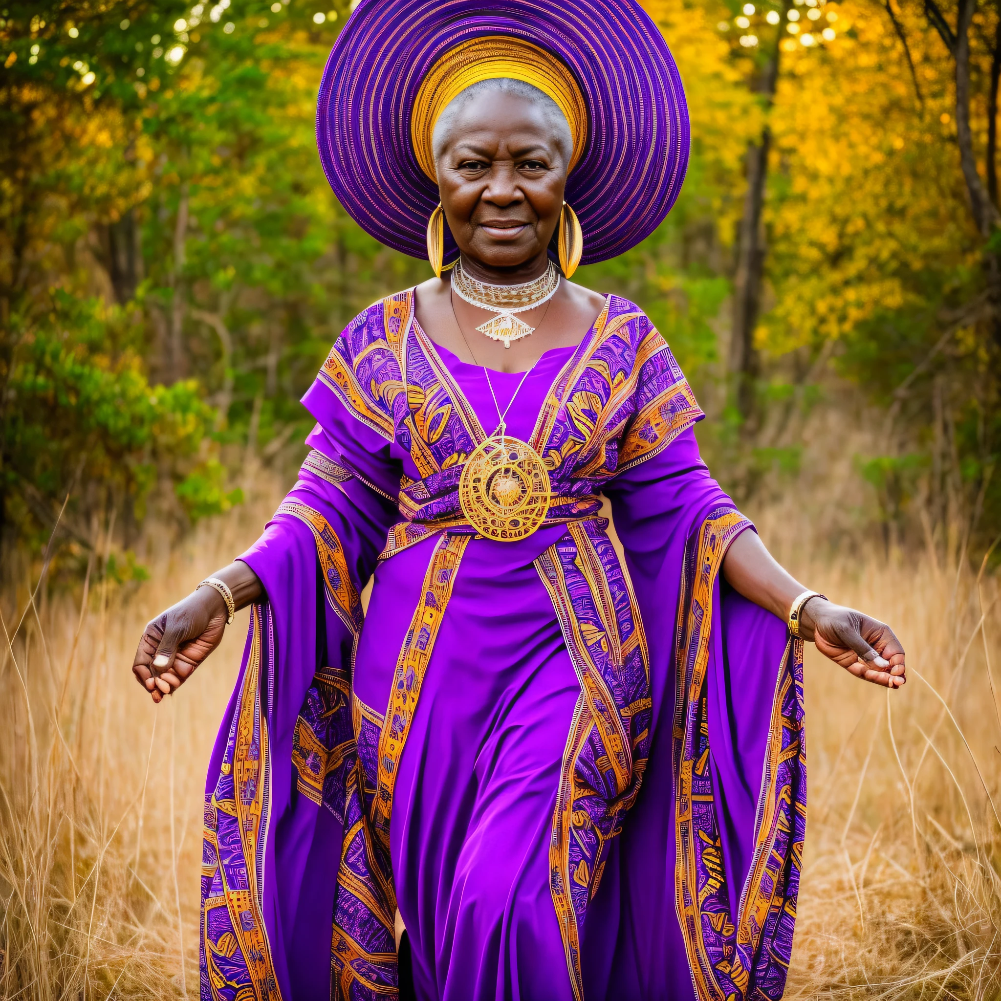 The elderly African woman stands tall amidst the rolling hills of the Orisha African savanna, her striking figure clothed in a flowing, ornate purple garment that moves gently in the late sunset breeze. The intricate patterns and symbols that adorn the fabric are a testament to the deep spirituality and cultural significance of her people.

Her gaze is steady and strong, a reflection of the wisdom and experience of a life lived to the fullest. The sun sets behind her, casting a warm glow over the golden grasses and the towering trees that surround her. The air is alive with the sounds of nature, the rustle of leaves and the distant calls of animals blending seamlessly into a symphony of life.

As she stands there, her hands are at rest at her sides, their perfect, unblemished form a testament to the grace and beauty of her people. Each finger is long and slender, their curves and contours a work of art in their own right.

This photorealistic portrait of an elderly African woman in ancient purple African costumes is a powerful reminder of the beauty and majesty of the African continent and the rich cultural heritage of its people. It is a celebration of life, love, and the enduring power of the human spirit. --auto --s2