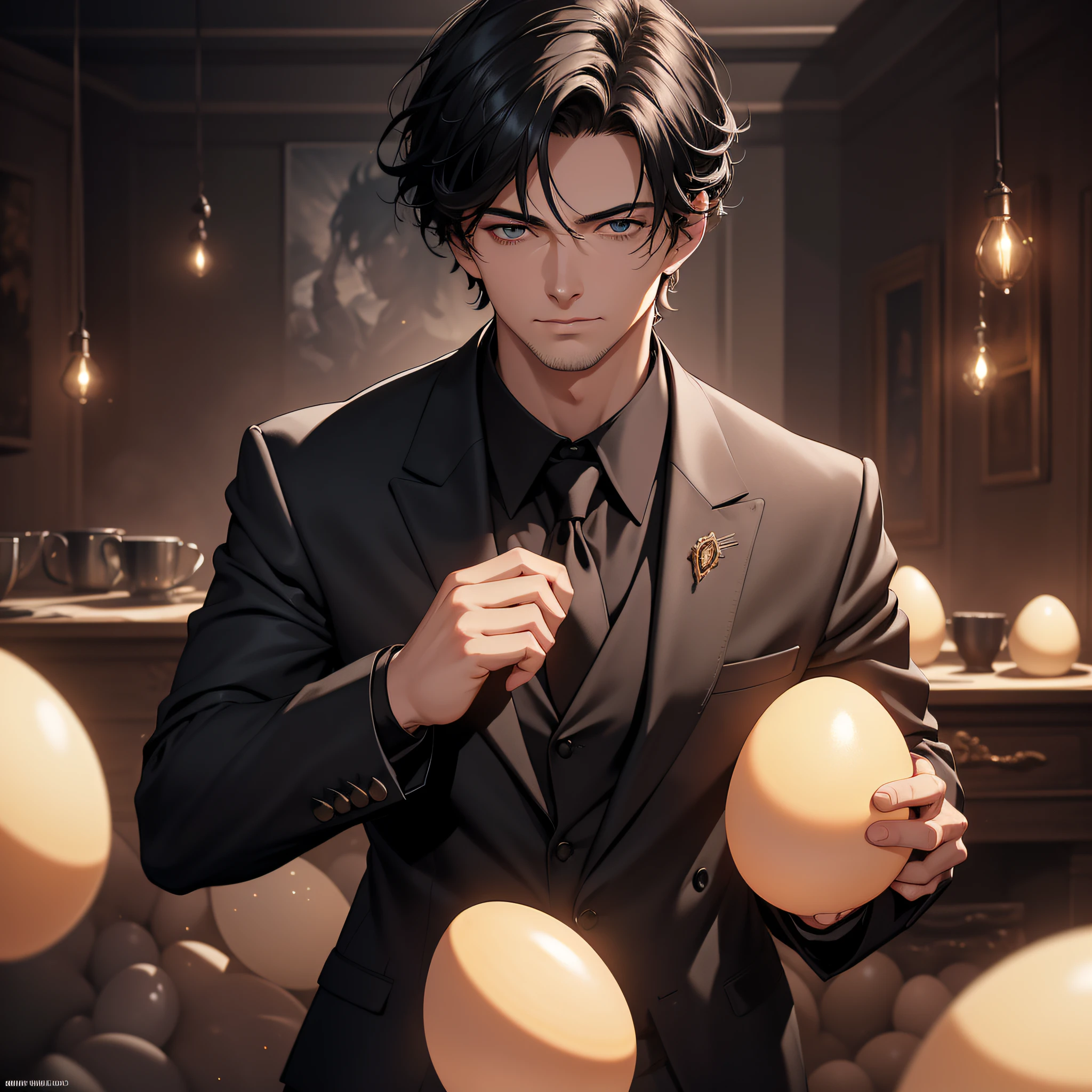 A thirty-year-old middle-aged man in a black suit with short black hair stands in a room piled with eggs, surrounded by firelight, radiant (Magic Array 1.5) (background is a room full of eggs 1.5) (Best quality: 1.1) (Vista 1.5) (Masterpiece: 1.3) with an unparalleled masterpiece, surreal 8K, perfect artwork, super detail, best quality, masterpiece 4K wallpaper aesthetics, masterpiece, award-winning artwork, official art, cinematic lighting (handsome young man 1.5) (Handsome 1.5) (Vicissitudes 1.3