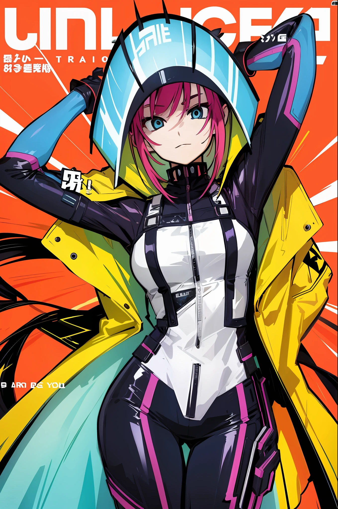 1Cyborggirl, sfw, futuristic, shorts, full jacket, (Magazine cover style illustration of an elegant woman in vibrant costume posing in front of a colorful and dynamic background. She has a confident expression and is striking a pose. The cover text should be bold and attention-grabbing, with the title of the magazine and a catchy headline. The overall style should be modern and modern, with a focus on fashion and lifestyle), wallpaper, crowds, fashion, counterpart, female focus, model, cool