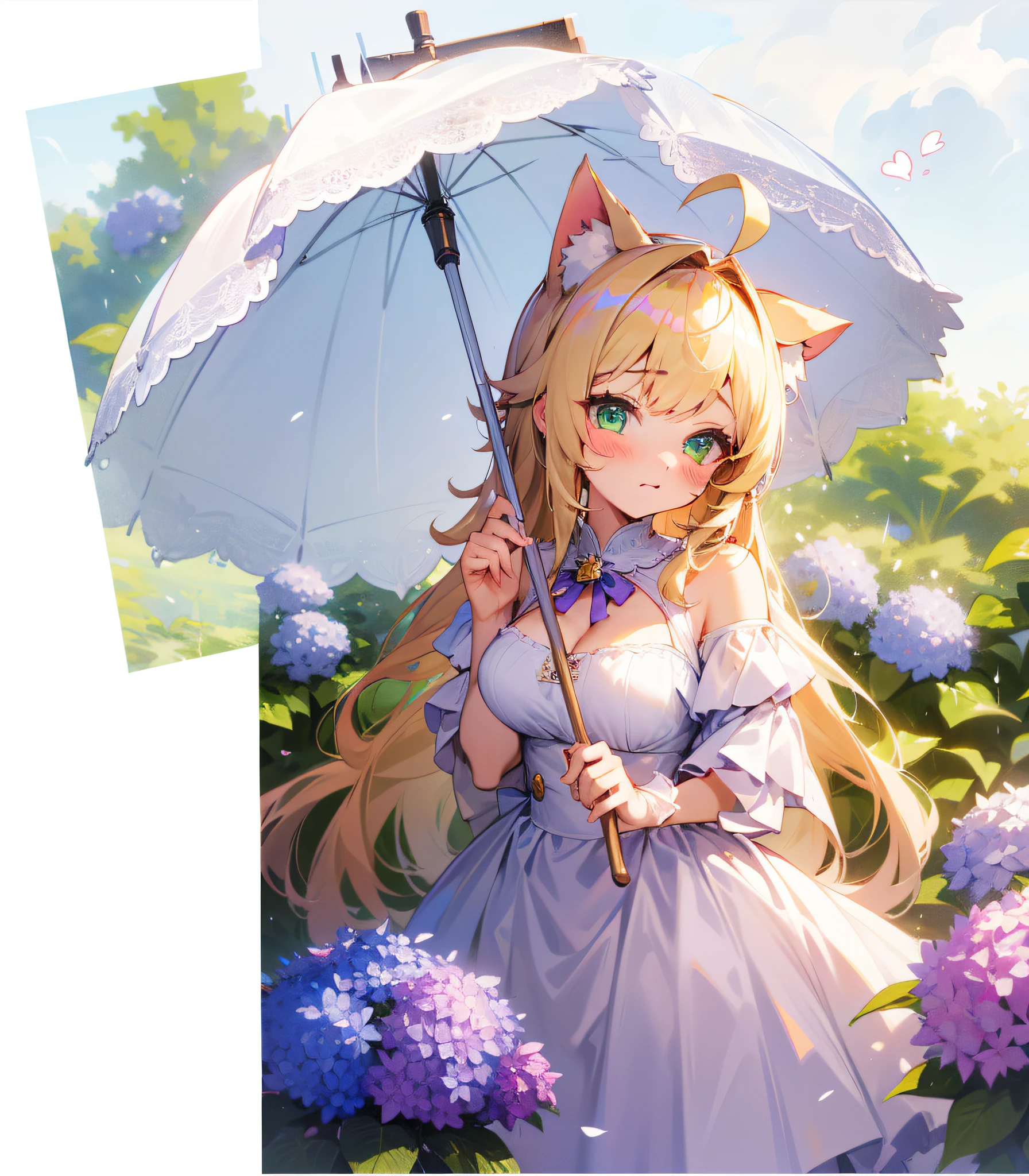 masterpiece,best quality, illustration,beautiful detail girl,beautiful detail glow, cute, {{{{{one girl}, solo, blonde hair, long hair, green eyes, taleme, ahoge, cat ears, {{{{{cat's tail, }}}}}, big breasts, princess cut, blush, white parasol, hydrangea,off-shoulder, {{{nsfw}}}}, umbrella sandwiched between cleavage