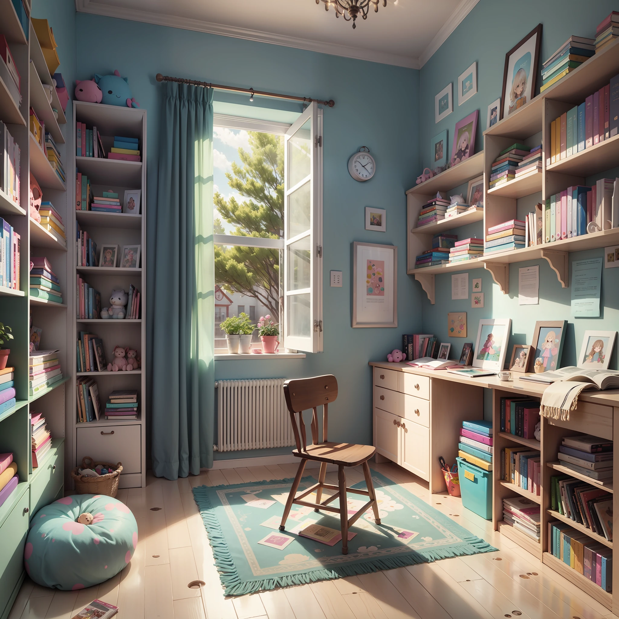 Create the illustration of a female 's room filled with colorful books --auto --s2