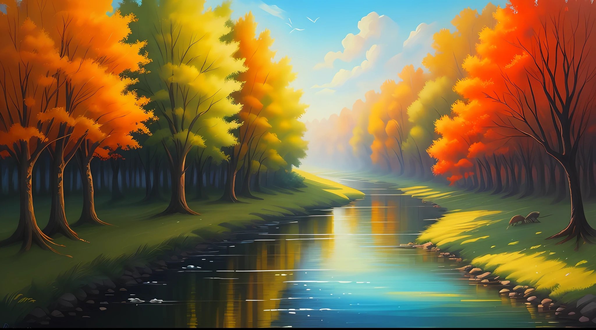 A piece of art, a picture of a river with many trees and birds, style of Afremov, colorful, canvas draw