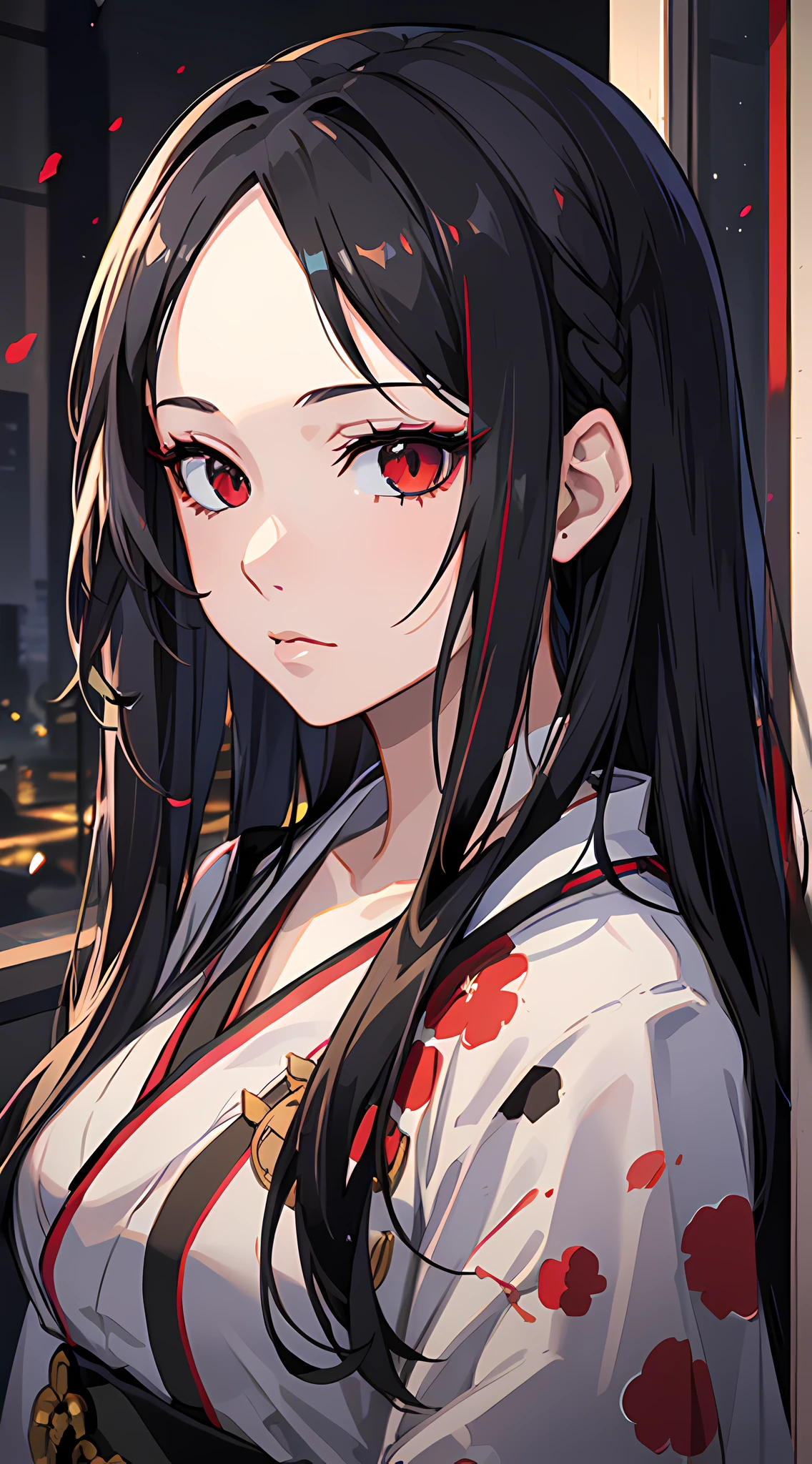 "(Portrait prompt: face focus, 1girl, solo, emotion, serious), red eyes, black hair, (snake eyes:1.2), (long hair:1.1)+(loose hair:1.1), (white kimono:1.2), pale skin, (yamato nadeshiko:1.1), adult, confident, elegant."
