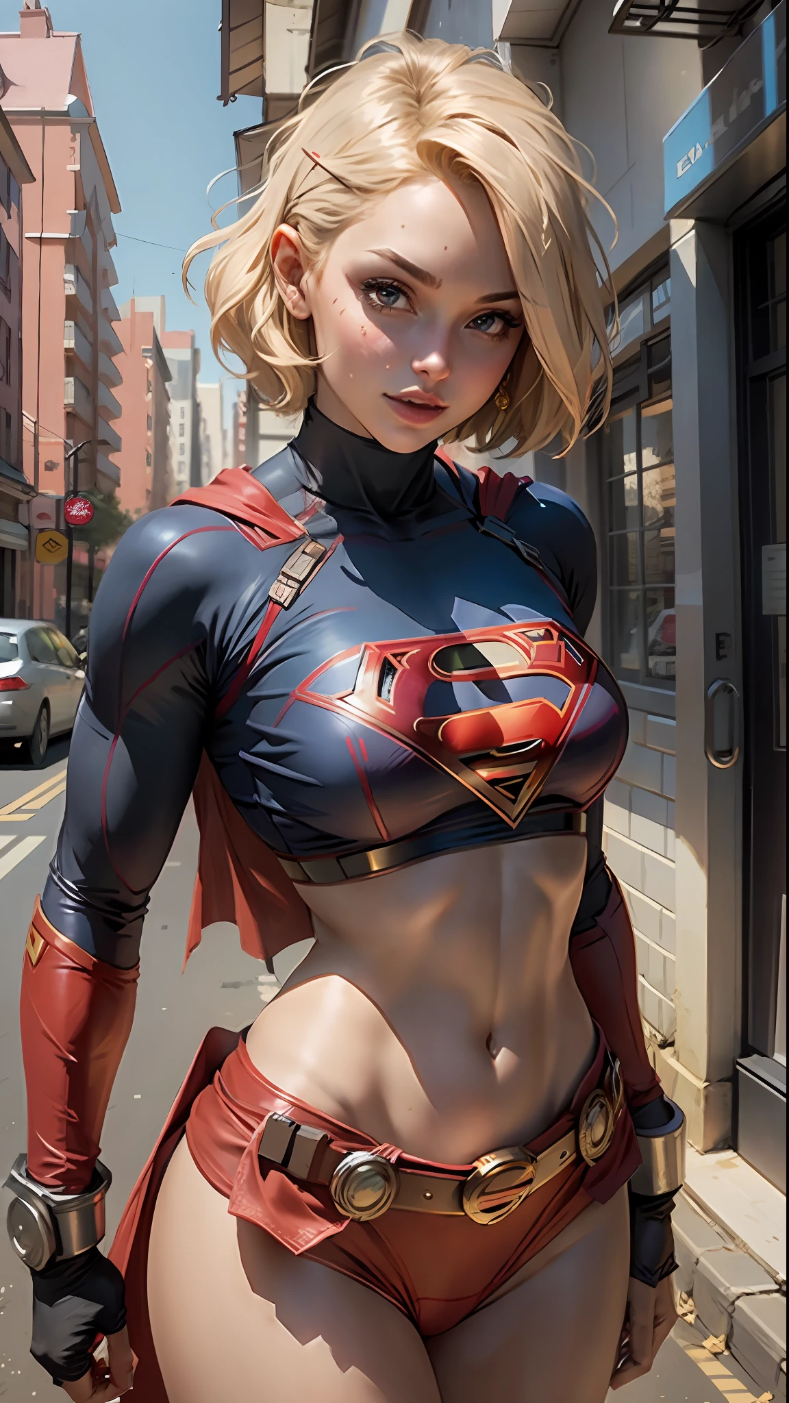 Beautiful woman short hair defined body big breasts, wearing Supergirl cosplay