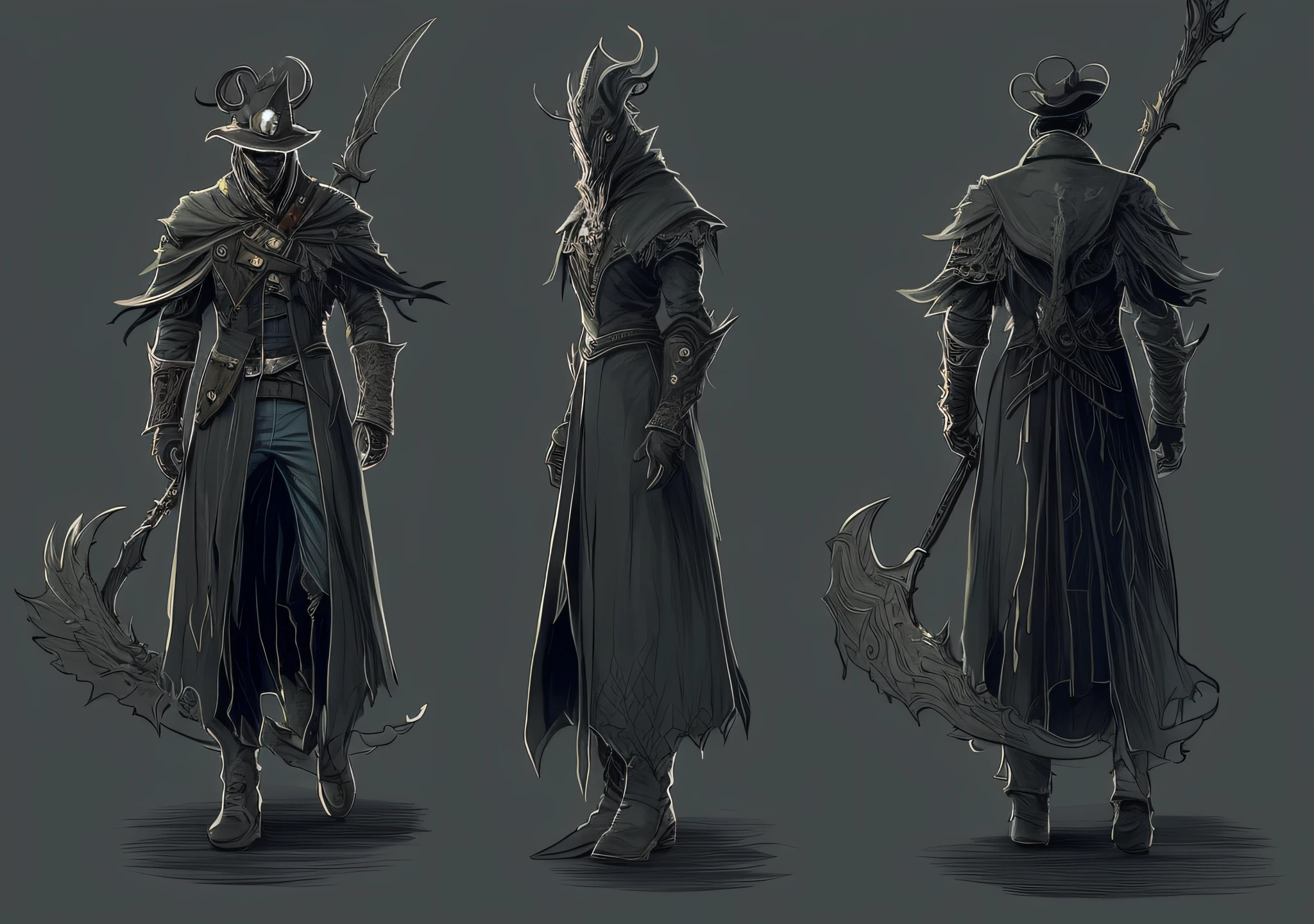 Character sketches from the video game Dark Side, Bloodborne Concept Art, Bloodborne Diagram, Bloodborne Style, Detailed Full Body Concept Art, Tomei+ Concept Art, Arcane Concept Art, Demon Noble Character Design, Line Work Concept Art, Full Body Concept Art, Full Body Concept, Dark Souls Concept Art, Dark Fantasy Character Design, Demon Souls Concept Art, Three Views, Line Drawing