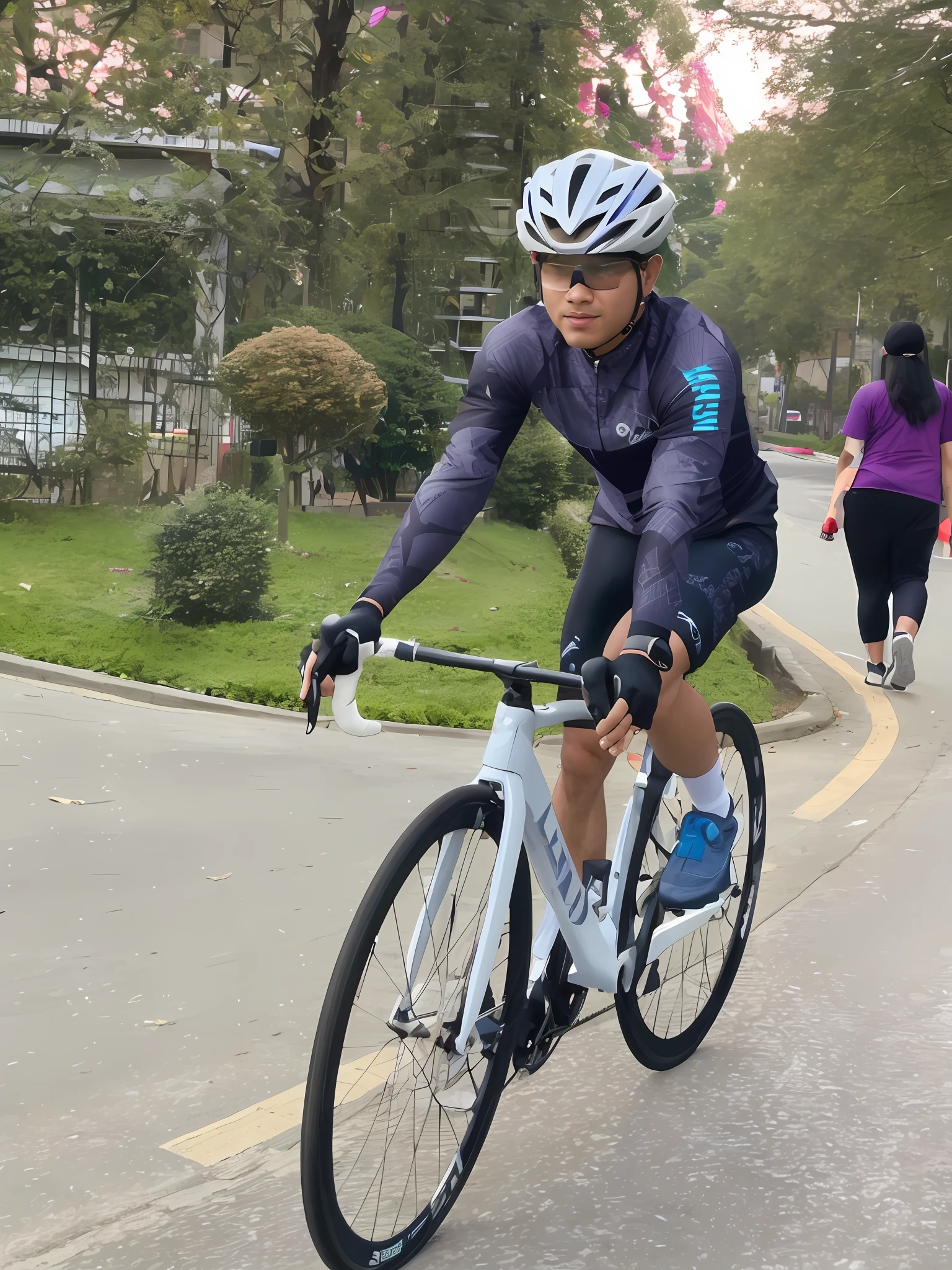there is a man riding a bike down the street with a helmet on, cycling!!, against the backdrop of trees, 🤬 🤮 💕 🎀, profile image, nivanh chanthara, riding a bike, 🕹️ 😎 🚬, front on, bao pham, with a city in the background, menacing!!!, competition winning