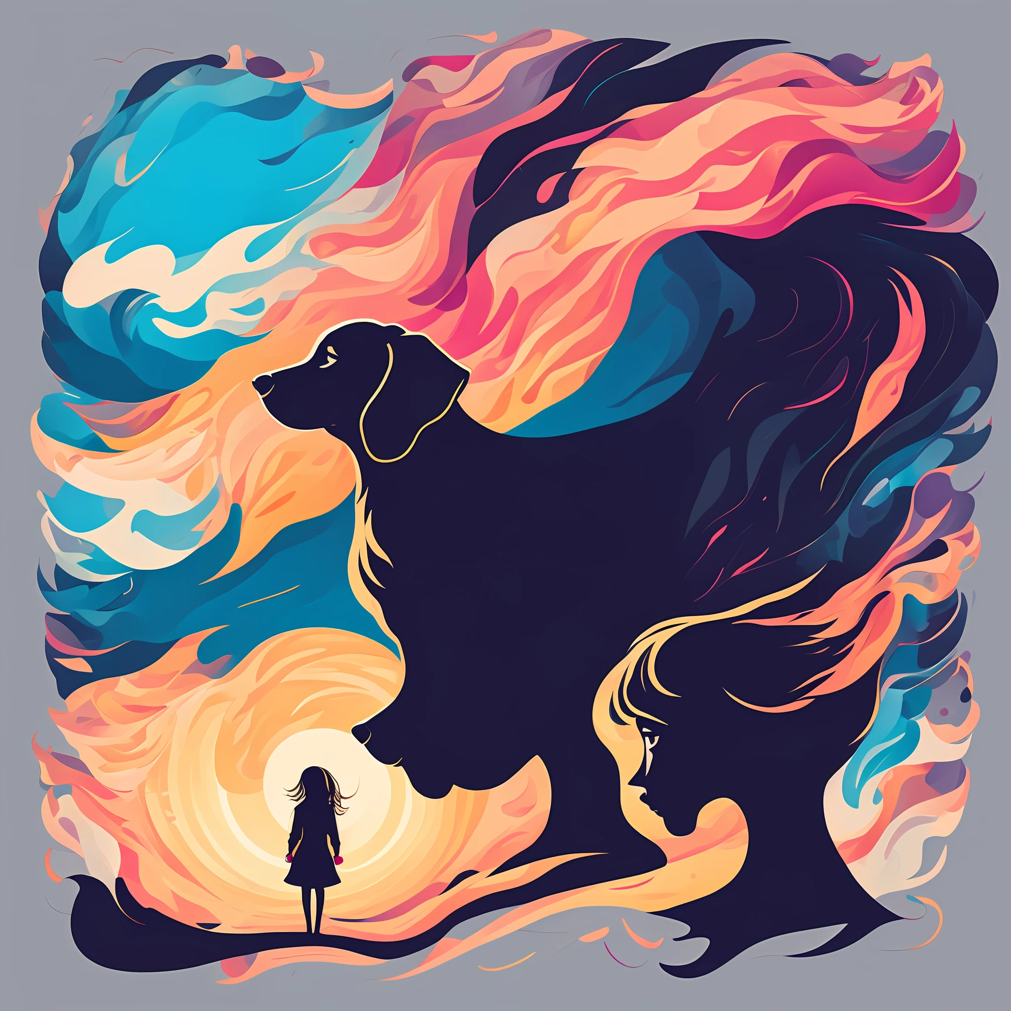 A young girl and her loyal dog stand together against the backdrop of a beautiful sunset. The style of the artwork is minimalist, with clean lines and bold colors. The mood is peaceful and serene, with the girl and dog looking content and happy, The lighting style of the graphic is warm and golden, with the sun casting long shadows across the ground, T-shirt design graphic, vector, contour, white background