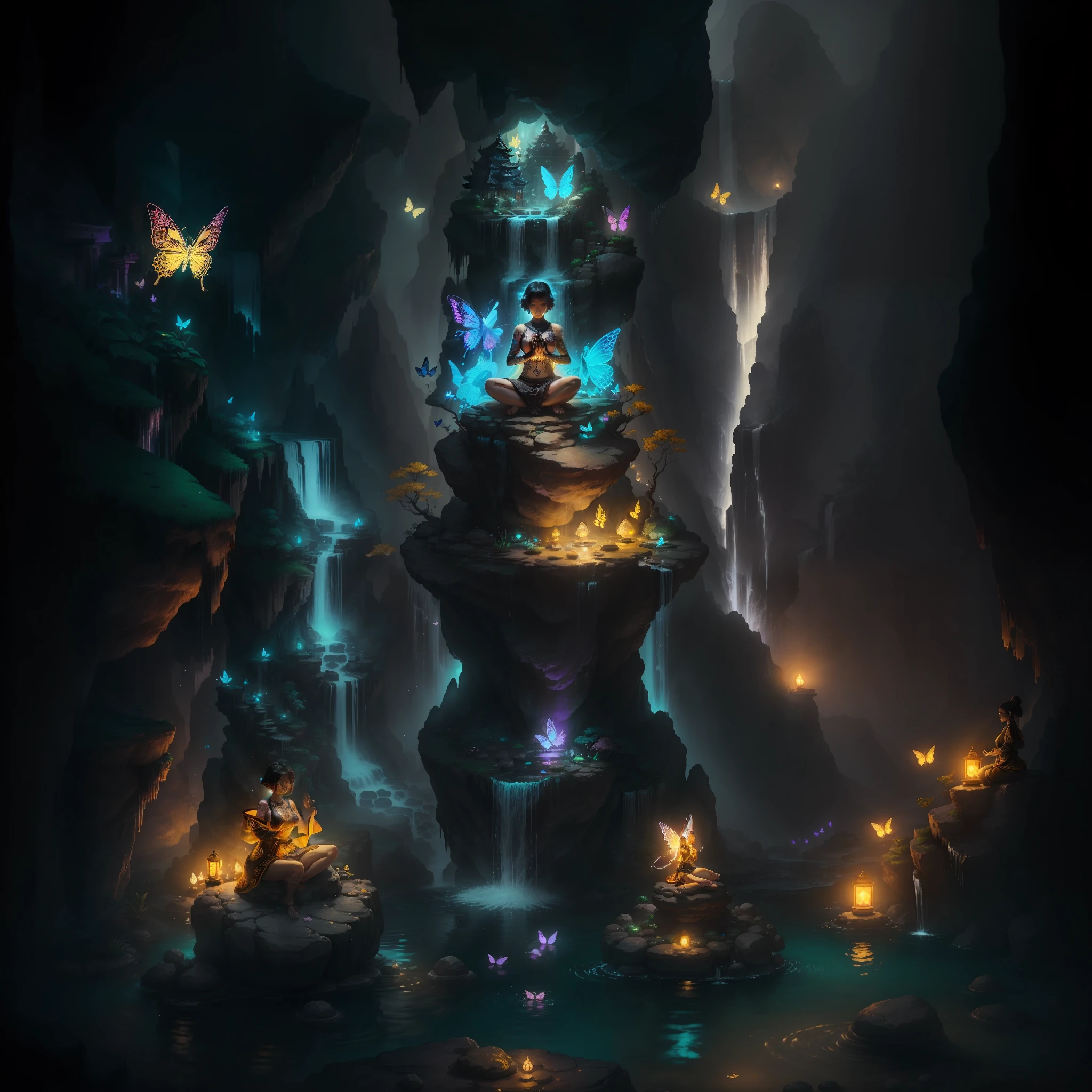 woman meditating full body on a rock, short hair chanel black, wearing a robe that leaves one shoulders sample, detailed masterpiece, top quality, best art, hyper-detailed, on her body tattoo ancestors, on the background yellow temple, light, happy environment, peace, tranquility, waterfall, soft blur, angelic lighting, butterflies in neon
