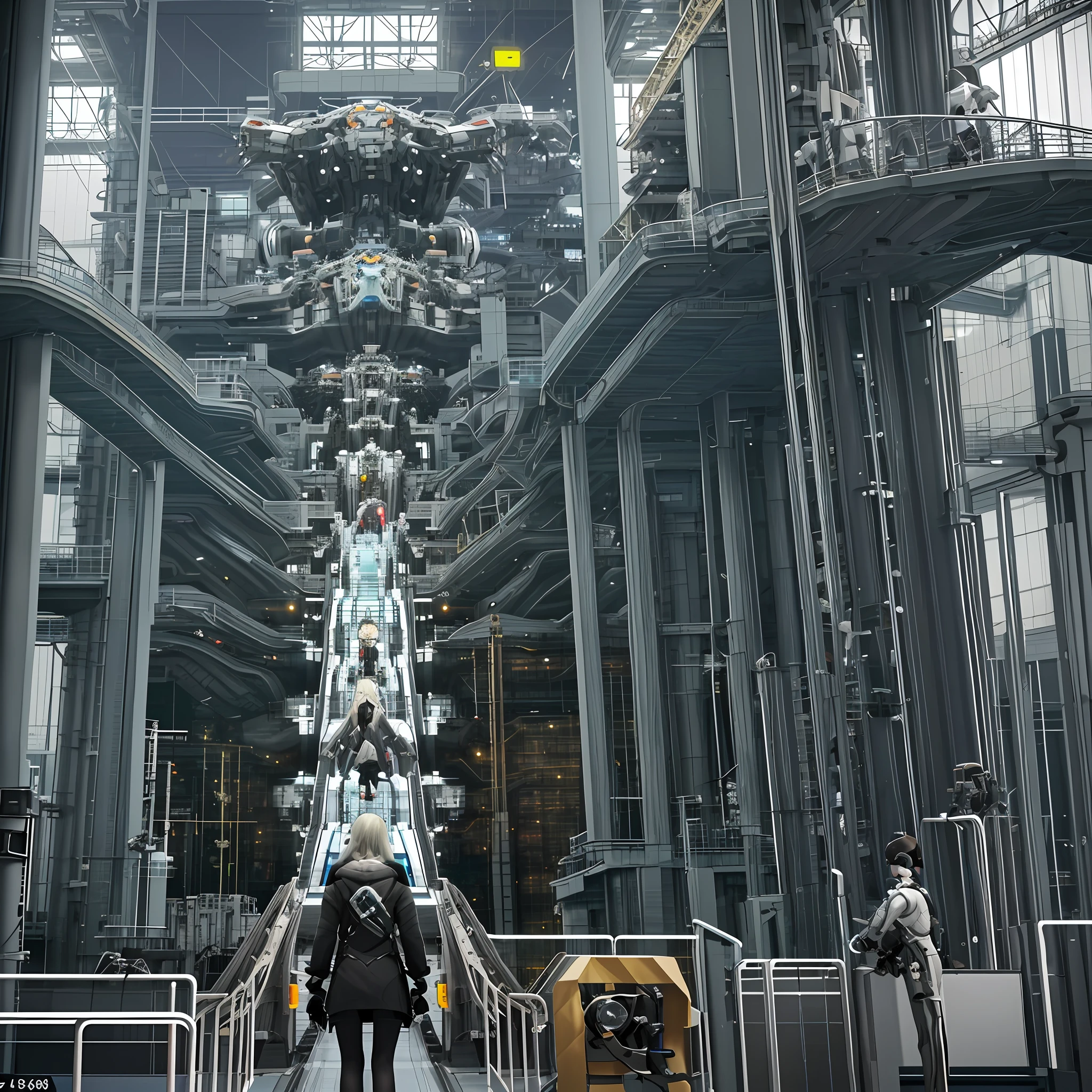 In a future factory, multiple mechanized manipulators are assembling a female humanoid. The scene is viewed from the back of the humanoid, observing the assembly process. Intricate and precise machinery is prominently visible, with the machine's brain and spinal cord being integrated into the humanoid's body.