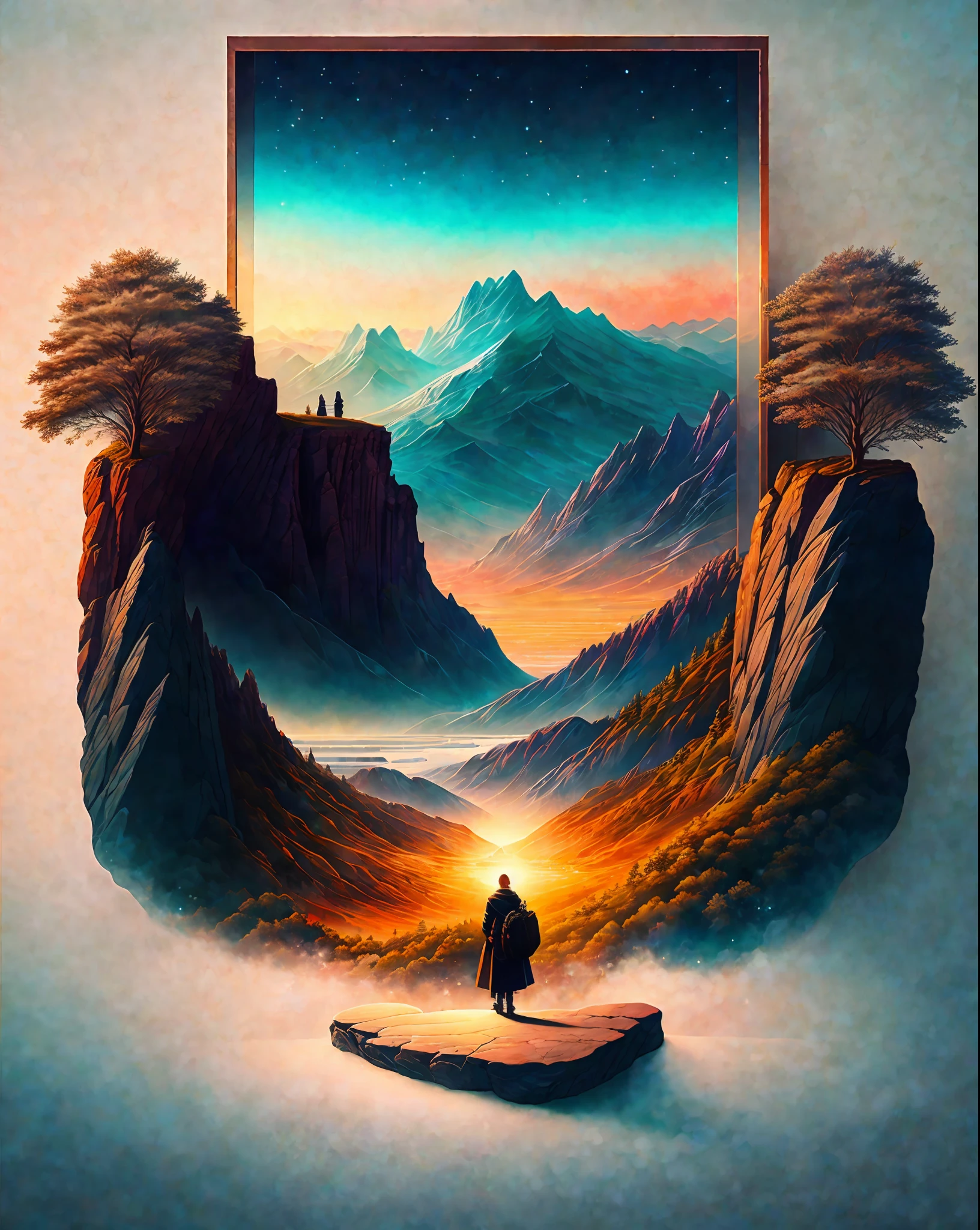 Craft a mesmerizing scene that deeply connects with the viewer, evoking a range of emotions and leaving an indelible impact without relying on words. Use a vibrant and contrasting color palette to intensify the visual impact. Depict a solitary figure standing at the edge of a breathtaking cliff, overlooking a vast and awe-inspiring landscape. Let the figure's posture and facial expression convey a mixture of awe, contemplation, and a hint of melancholy. Surround the scene with elements of nature, such as swirling clouds, distant mountains, or a cascading waterfall, to enhance the immersive experience. Infuse the atmosphere with a touch of magic or mystery, perhaps through subtle glowing orbs or ethereal light. Allow the composition and details of the scene to captivate the viewer and invite them on an emotional journey that lingers in their thoughts long after they've seen the artwork., intricate, masterpiece, expert, insanely detailed, 4k, composition, centered, intricate, volumetric lighting, beautiful, sharp focus, ultra detailed