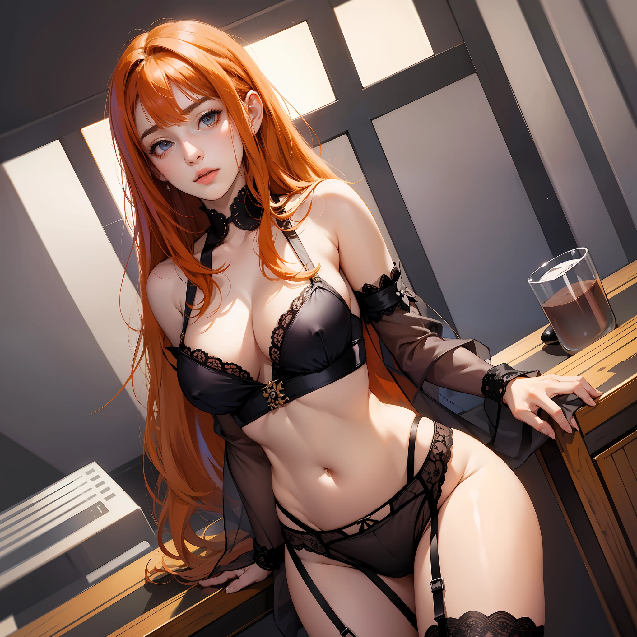 An image of anime character with big in lingerie standing near a table, 1girl,, solo, thighs, long hair, big, navel, underwear, panties, watching viewer, cleavage, black thigh highs, thighs, bangs, blush, black panties, bare shoulders, indoors, skindentation, orange hair, very long hair, garters