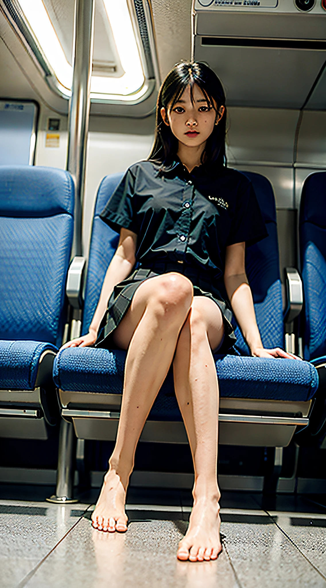"(Masterpiece, High Definition, Ultra High Definition, 4K) Black hair, 14 years old Japan girl, uniform skirt, emphasizing thighs, white thighs, soft thighs, glossy thighs, sitting on the train, face-to-face angle, (angle from below),sitting in the train seat,Sitting in front,Zoom camera in the crotch,Feet on the train floor,Full body,Looking down and sleepy,Looking at the viewer only", best quality, ultra high definition, (photorealistic:1.4),, high resolution, detail, raw photo, sharp re, Nikon D850 film stock photo by Lee Jefferies 4 kodak portra 400 camera f1.6 lens rich colors hyper realistic lively textures dramatic lighting unreal engine artstation trends cinestir 800,