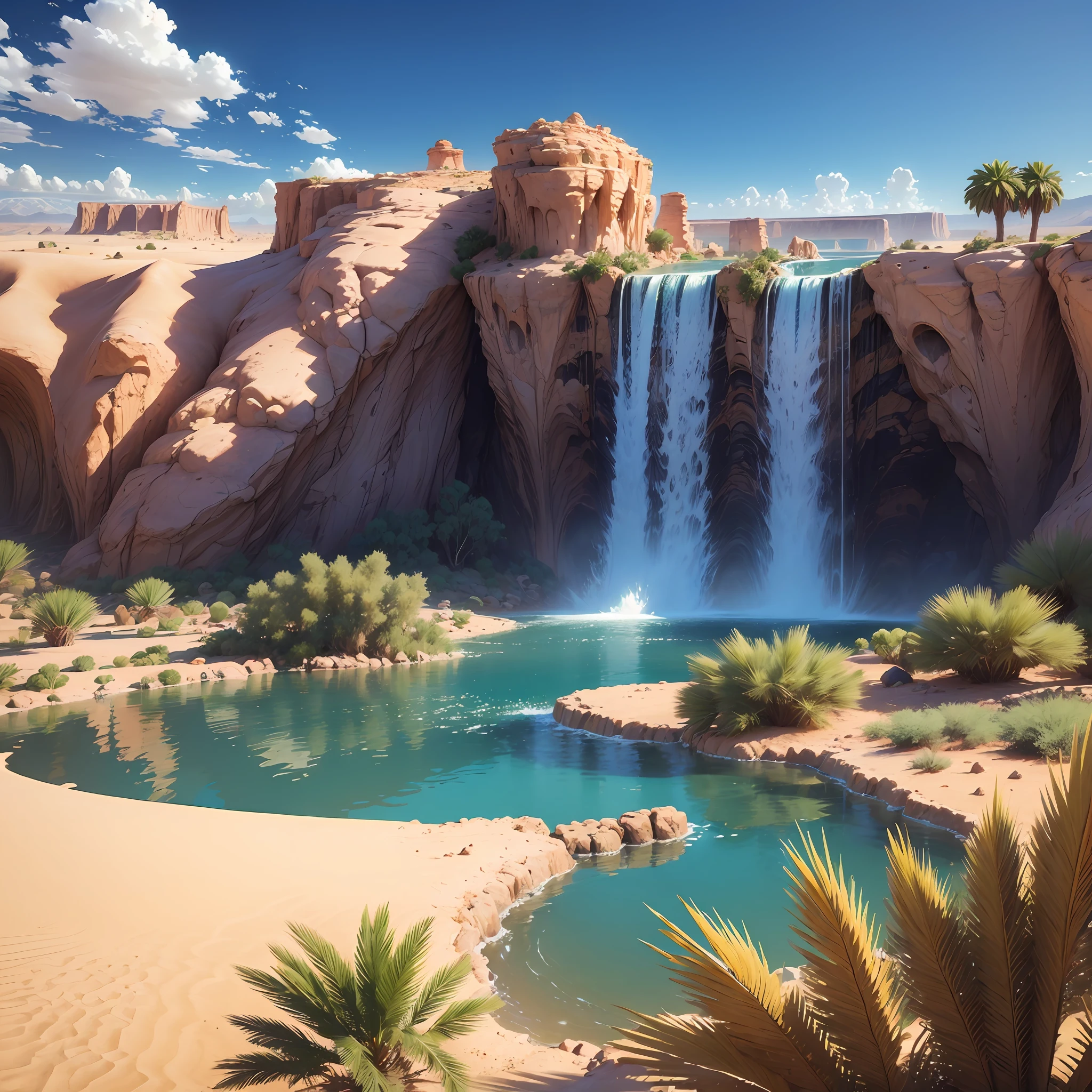 (((oasis in the middle of the desert))) with a large waterfall and many palm trees.  Photorealistic style. 8k --auto --s2