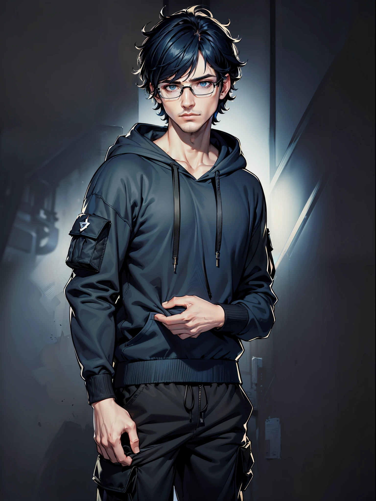 ((highest quality, masterpiece, 4k, finely detailed, detailed eyes, detailed face, intricate details)), ((solo)), 1boy, male, masculine, handsome, adult man, guy, square jaw line skinny, lanky, ((shaggy messy hair, longbangs falling into face, messy bangs, dark blue hair color. Black hair strands)), ((pale blue eye color, half-lidded tired eyes, bags under eyes)), looking at viewer, neutral expression, (((modern hoodie with dark blue and black colors, baggy black cargo pants))), hacker room background, ((wearing thick glasses with black square frame))