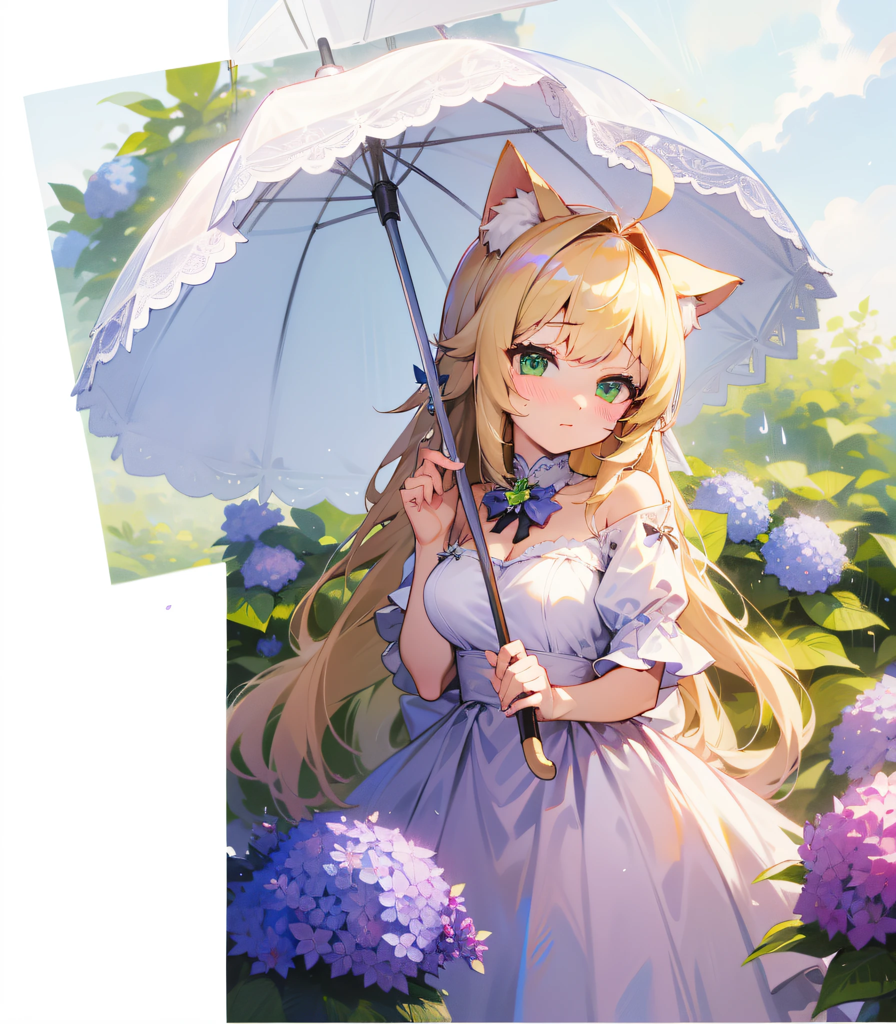 masterpiece,best quality, illustrations,beautiful detail girl,beautiful detail glow, cute, {{{one girl}, solo, blonde hair, long hair, green eyes, tips, ahoge, cat ears, {{cat's tail, }}}}}, big, princess cut, blush, white parasol, hydrangea,off-shoulder, {{{nsfw}}}}, umbrella between cleavage