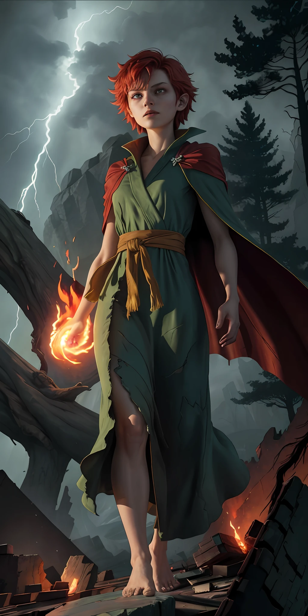 Summoner barefoot female greenish, angry skin, standing with short red hair, robes and arms of cape raised over a broken earth, bright flame light from below the earth field (jagged rocks, trees and debris shooting into the air:1.3) (storm of windy dust debris:1.1) volumetric mist mist ray tracing z pass bright light from below,  (masterpiece) (best quality) (detailed) (8k) (cinematic lighting) (sharp focus) (intricate)