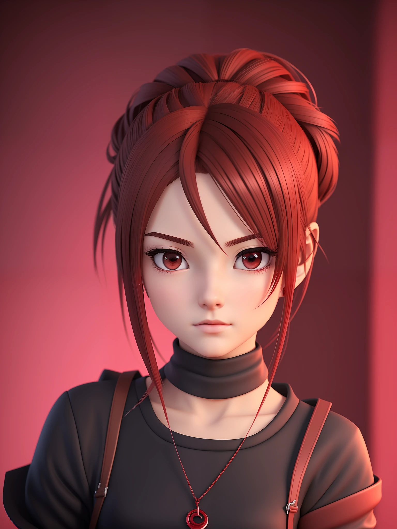 girl, a cartoon character dark red outfit, ((cold expression and tired eyes)), ((hair up to shoulder)), (red eyes), stylized character, animation character, stylized 3d render, 3d character, highly detailed character, stylized anime, stylized 3d, render character, character model, closeup, (maximum quality), sipping box juice sitting in a chair looking at the horizon
