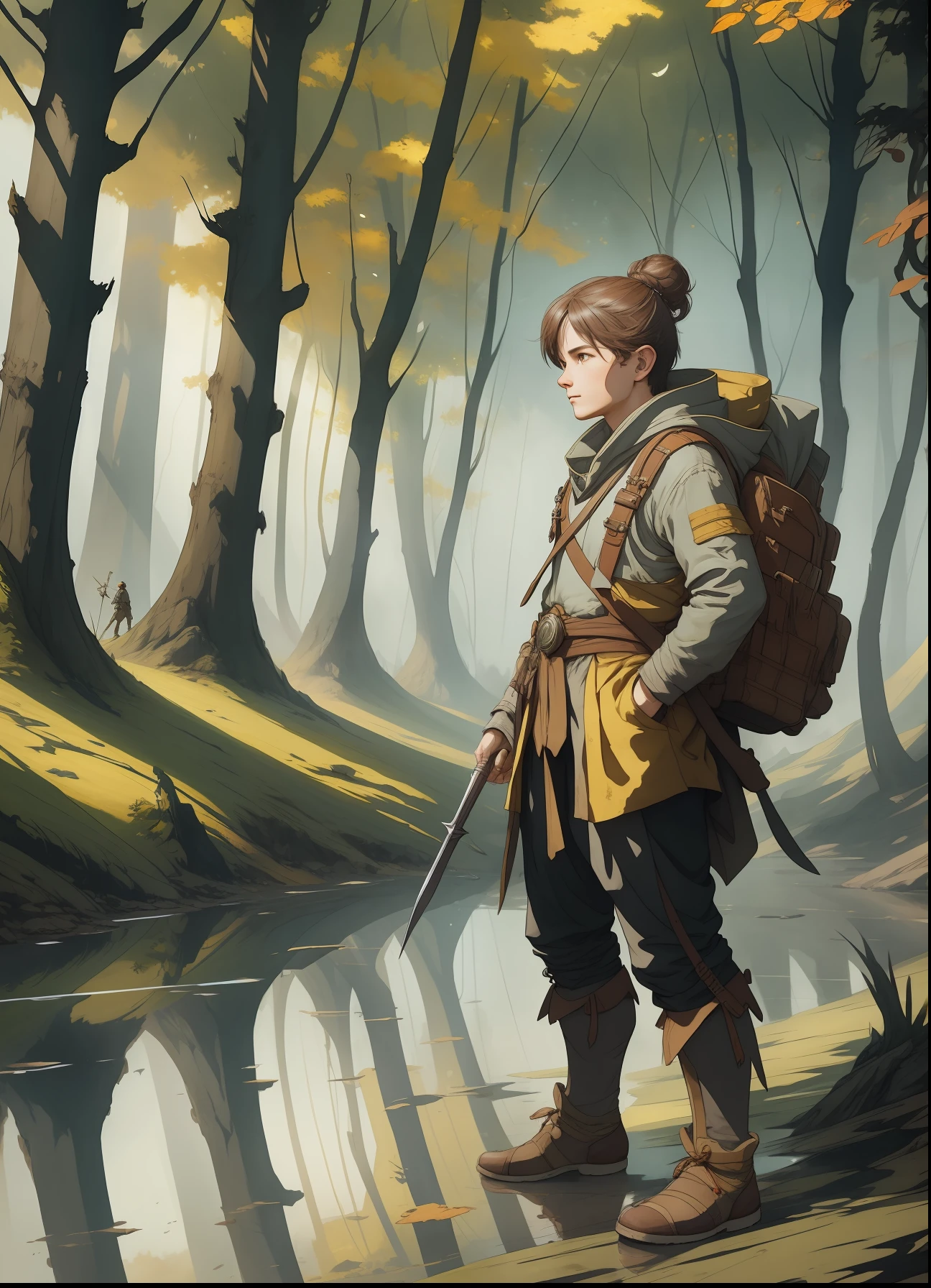man halfling rpg character, small body, full body, yellow fabric clothes, standing on a plain, line art watercolor wash, very lit forest background, abstract beauty, approaching perfection, pure form, golden ratio, minimalistic, unfinished, concept art, by Brian Froud and Carne Griffiths and Wadim Kashin and John William Waterhouse, intricate details, 8k post production, high resolution, hyperdetailed, trending on artstation, sharp focus, studio photo, intricate details, highly detailed, by greg rutkowski