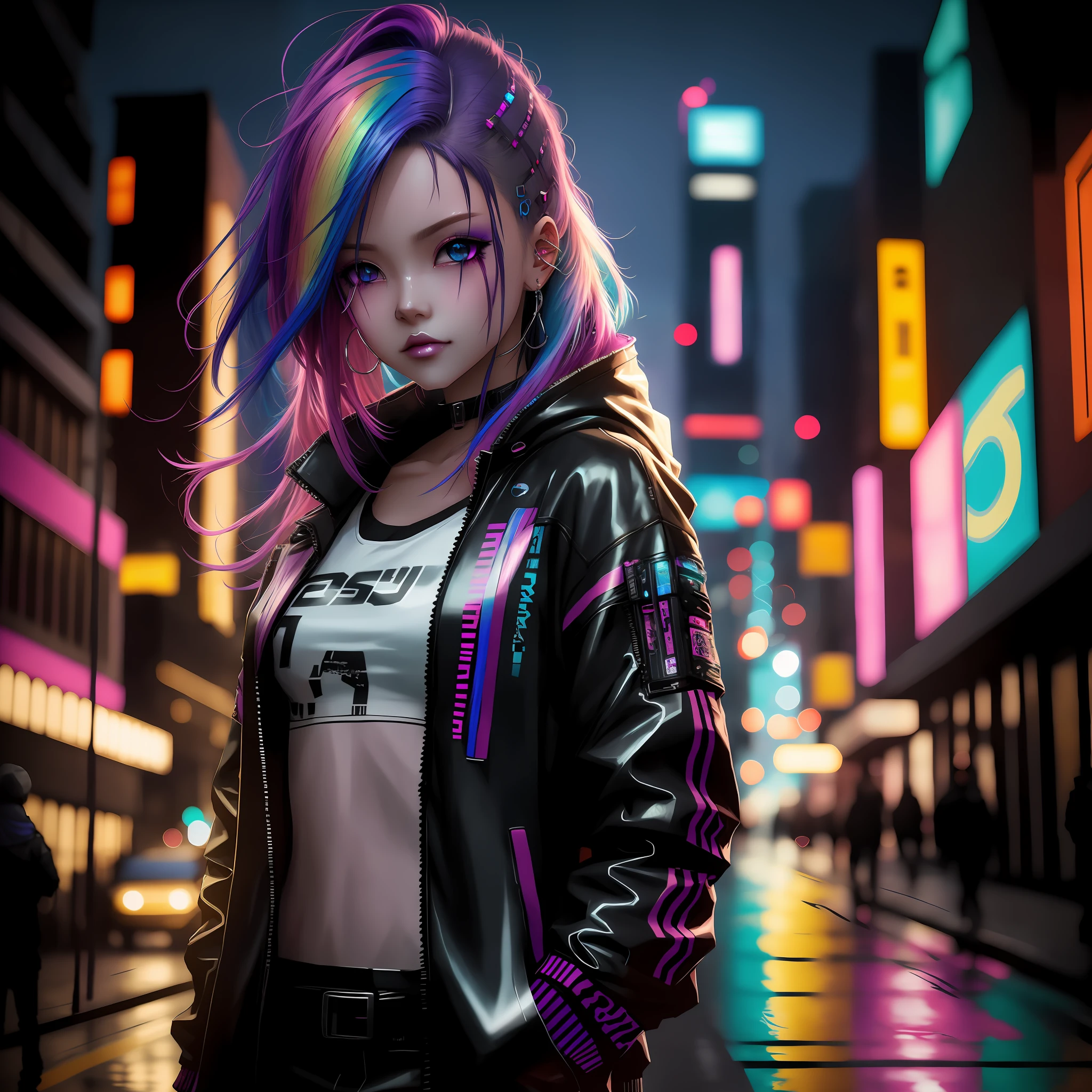 arafed woman with colorful hair and piercings standing in a city street, cyberpunk anime girl, dreamy cyberpunk girl, in cyberpunk city, female cyberpunk anime girl, cyberpunk beautiful girl, cyberpunk art style, cyberpunk vibe, cyberpunk vibrant colors, cyberpunk girl, in cyberpunk style, cyberpunk 2 0 y. o model girl, digital cyberpunk anime art, digital cyberpunk - anime art