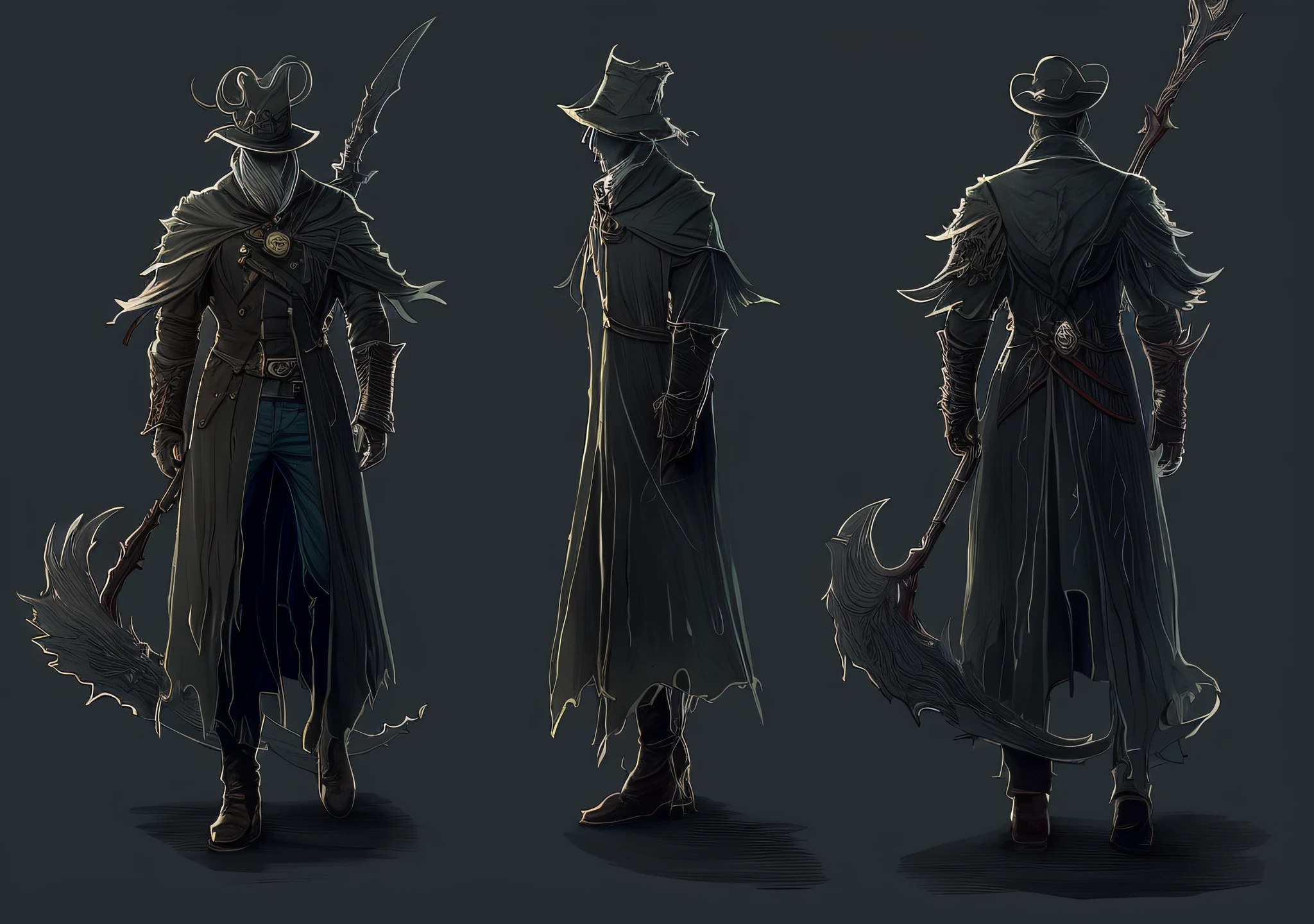 Character line sketch three views, three views, bloodborne concept art, bloodborne style, bloodborne chart, full body concept, detailed full body concept art, mystery concept art, full body concept art, demon aristocratic character design, Tomei + concept art, line work concept art, dark fantasy character design, full body action concept art, character design concept art