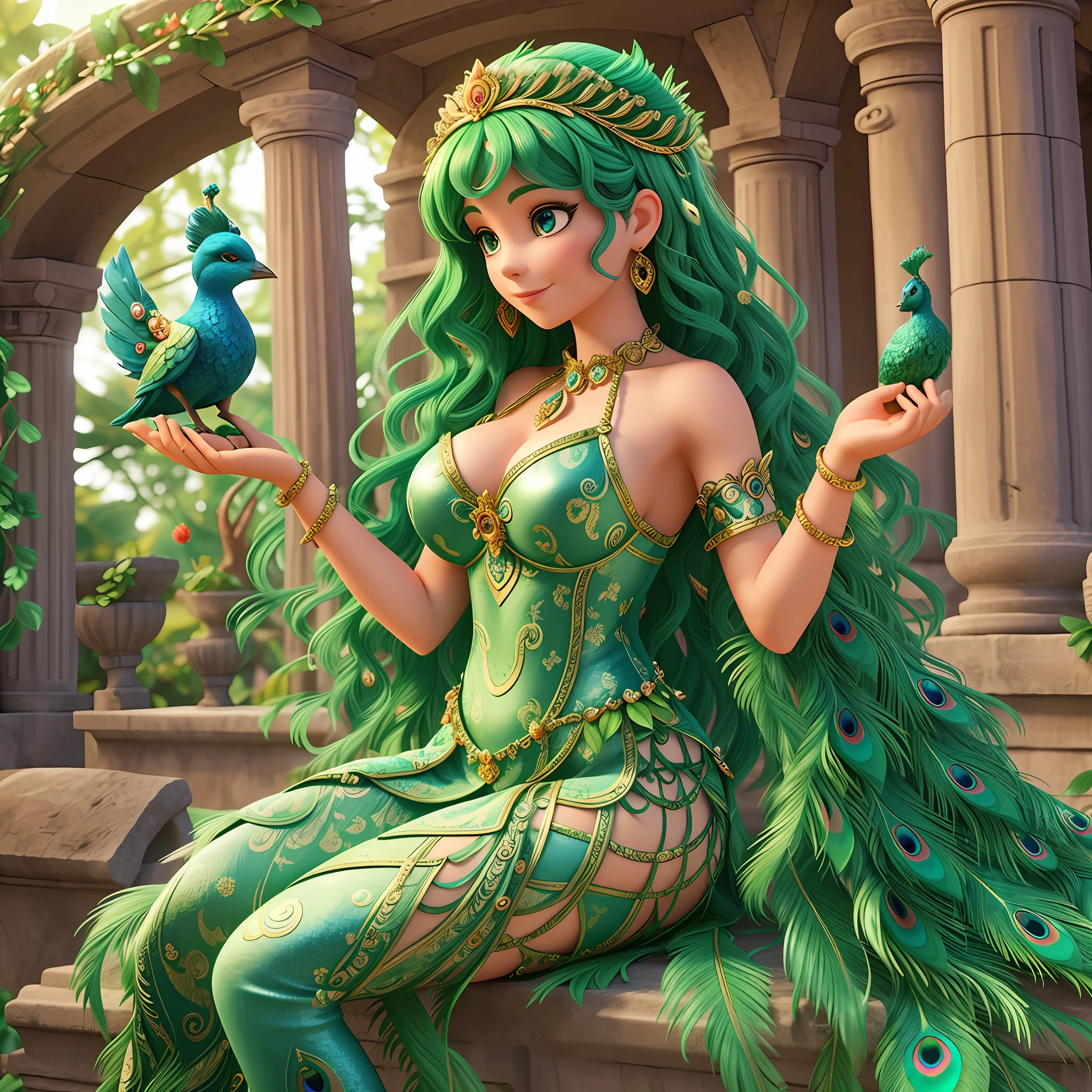 Goddess ivy, whole body, Greek goddess, dressed in peacock feathers, peacock, queen of the gods