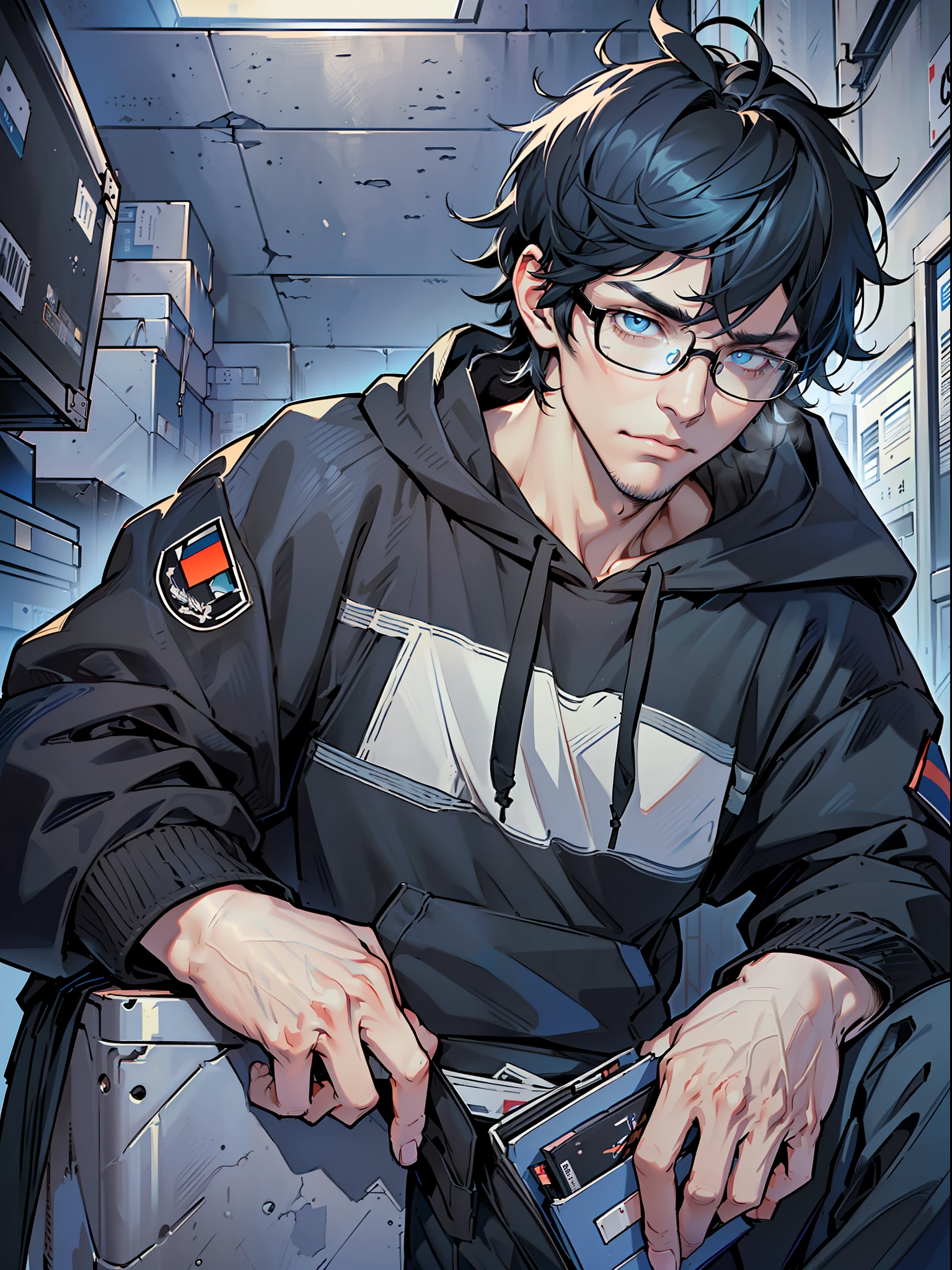 ((highest quality, masterpiece, 4k, finely detailed, detailed eyes, detailed face, intricate details)), ((solo)), 1boy, male, masculine, handsome, adult man, guy, square jaw line skinny, lanky, ((shaggy messy hair, longbangs falling into face, messy bangs, dark blue hair color. Black hair strands)), ((pale blue eye color, half-lidded tired eyes, bags under eyes)), looking at viewer, neutral expression, (((modern hoodie with dark blue and black colors, baggy black cargo pants))), hacker room background, ((wearing thick glasses with black square frame))