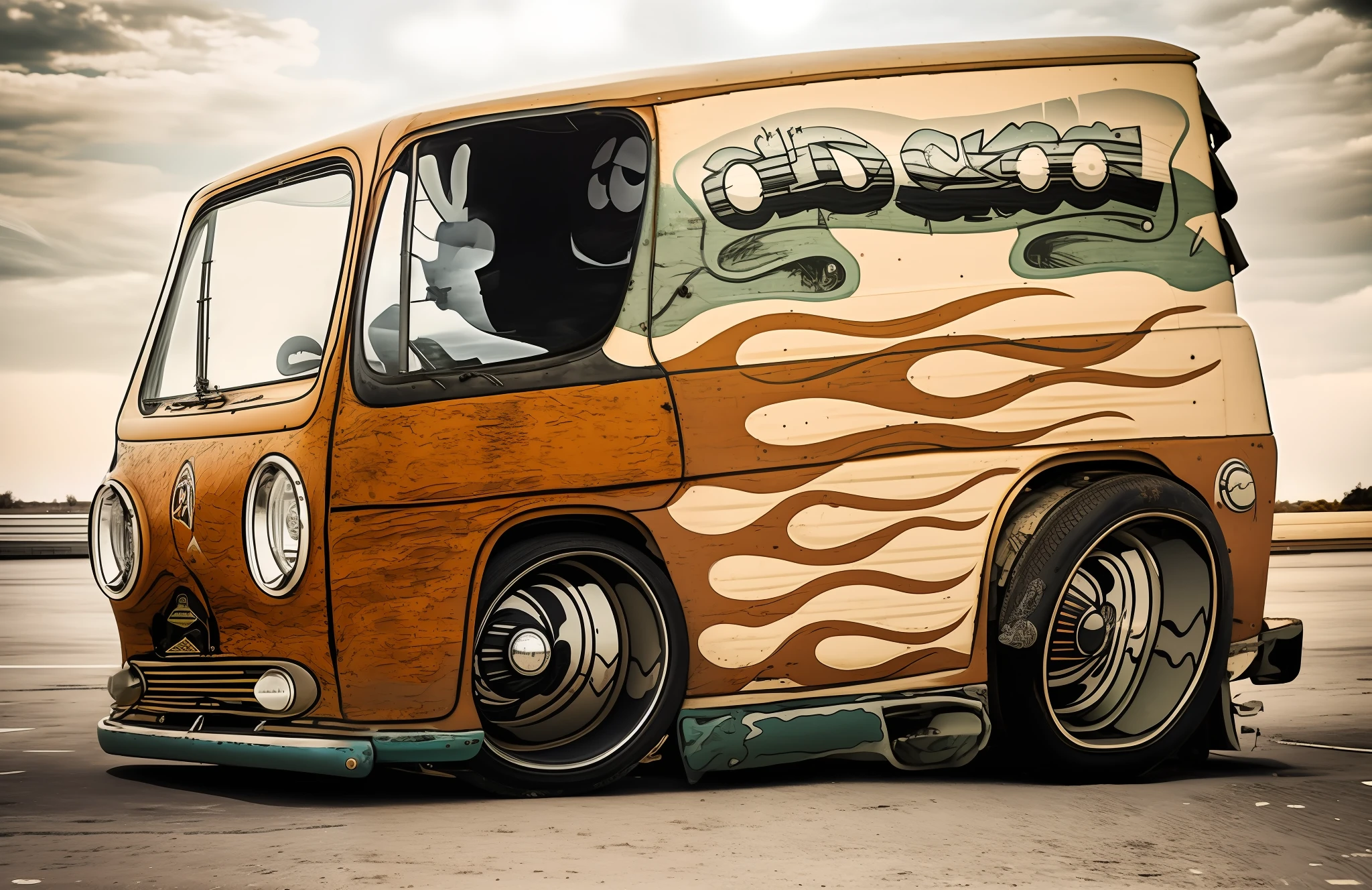 an ultra realistic image of a custom van with a cartoon character on the side,(((hd))) rat fink style, inspired by Ed Roth, snake van, lowres, by Ed Roth, minibus, retro line art, (((smoke behind wheels))), line art, VW minibus driving, ren and stimpy style, full view of a car, lowbrow art style, 1 9 6 0 realistic style, 32k