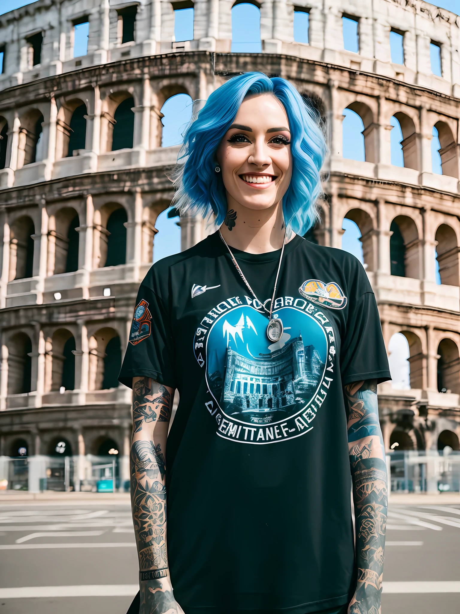 Pokket, filmed on DSLR, 8K, detailed face, blue hair, 25-year-old woman, stands in front of the coliseum, wearing black rock clothes, black tattoos, smiling