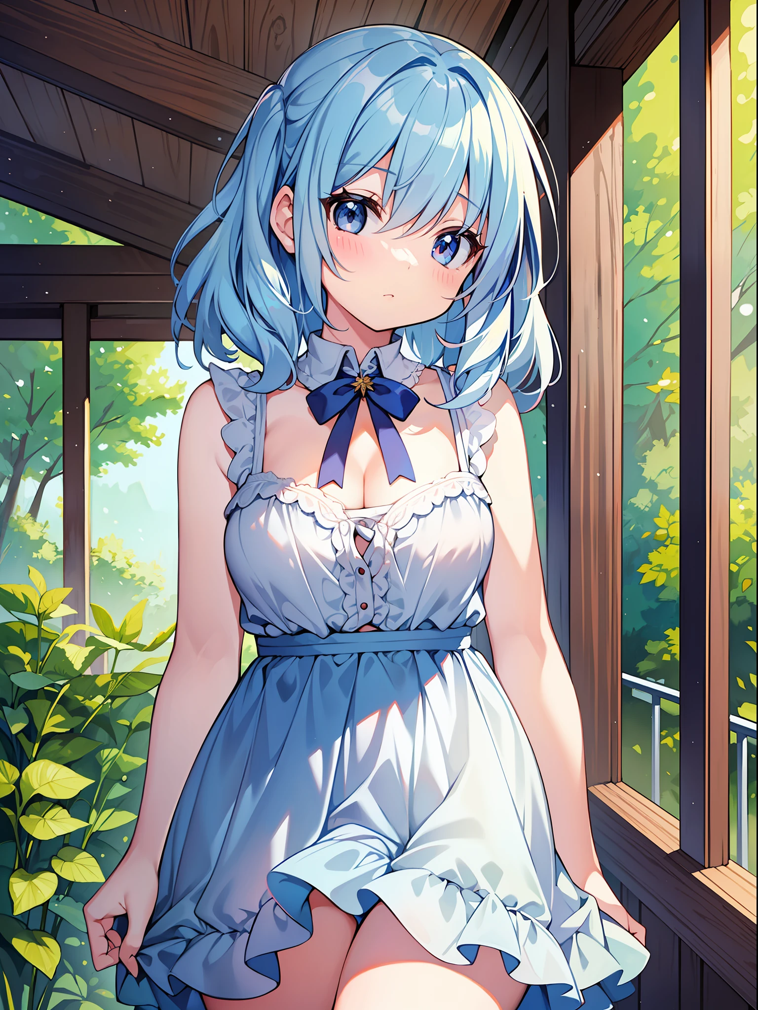 (Masterpiece), (Best Quality), Official Art, One , Lori with Pale Light Blue Hair, Sundress, Sleeveless, Small Breasts, Cleavage, Thigh Focus