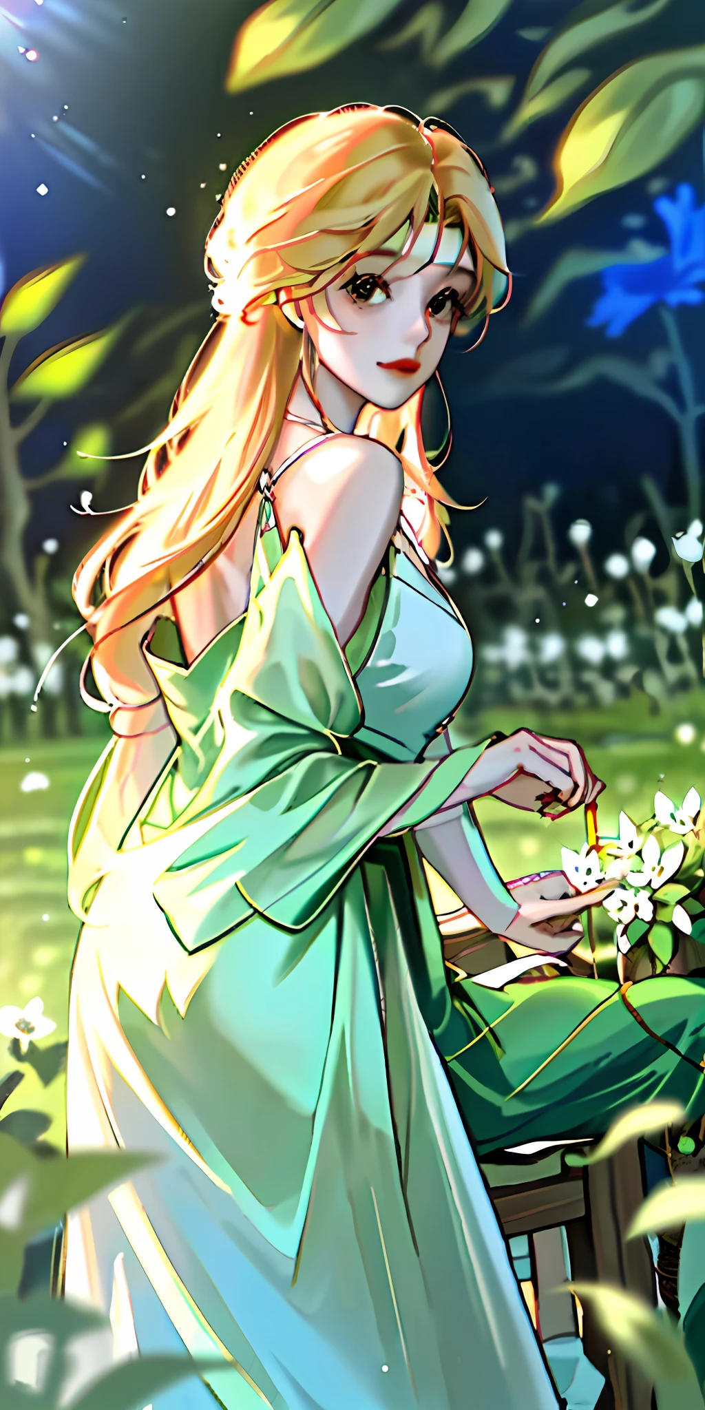 Masterpiece, best quality, super fine CG unity 8k wallpaper, warm light, 1 girl with long hair sitting in field of green plants and flowers, holding hands at chin, white dress, blurred foreground, full body, looking back, green leaves and flowers surrounding.