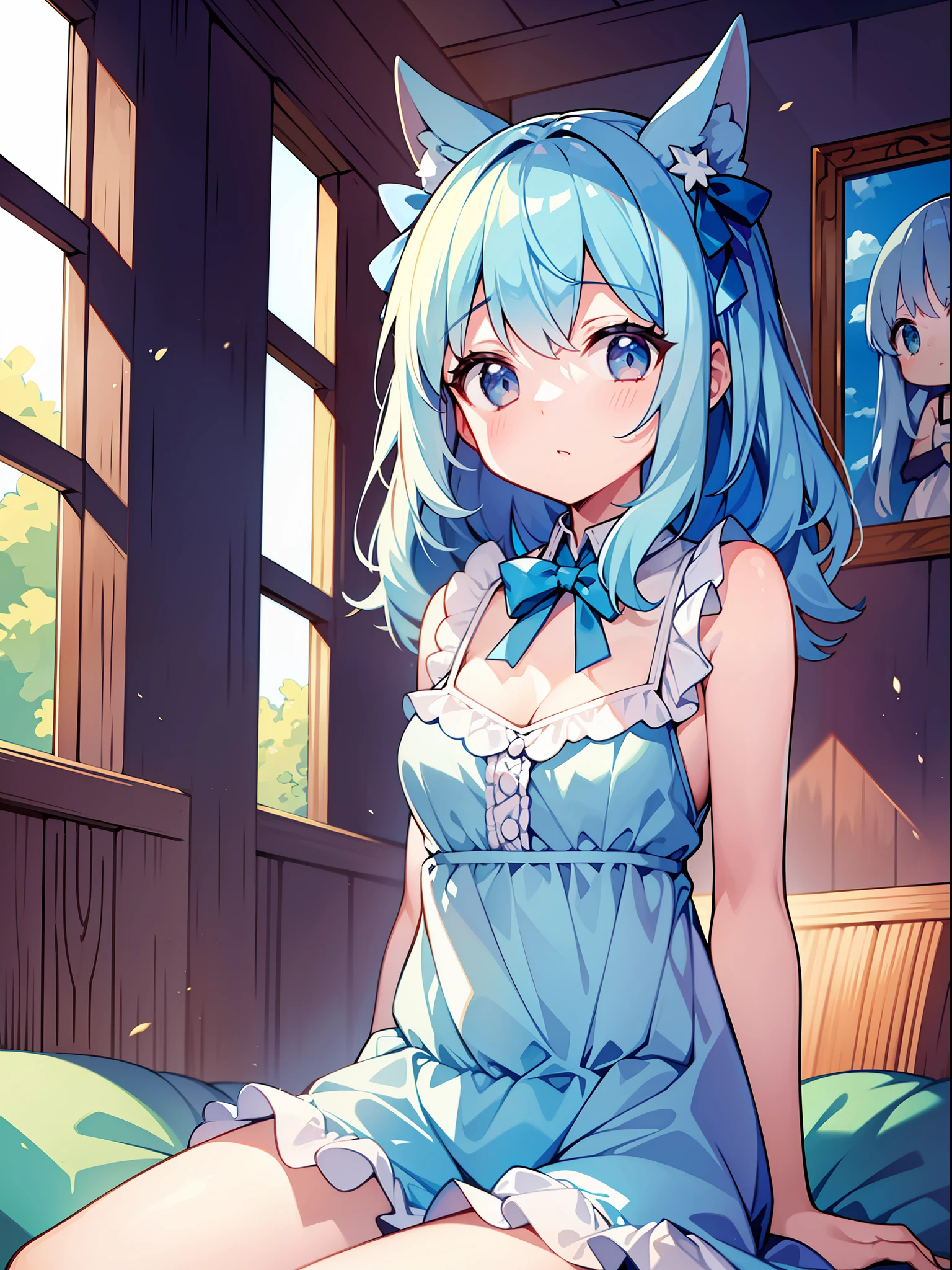 (Masterpiece), (Best Quality), Official Art, One Little Girl, Lori with Pale Light Blue Hair, Sundress, Sleeveless, Small Breasts, Cleavage, Thigh Focus