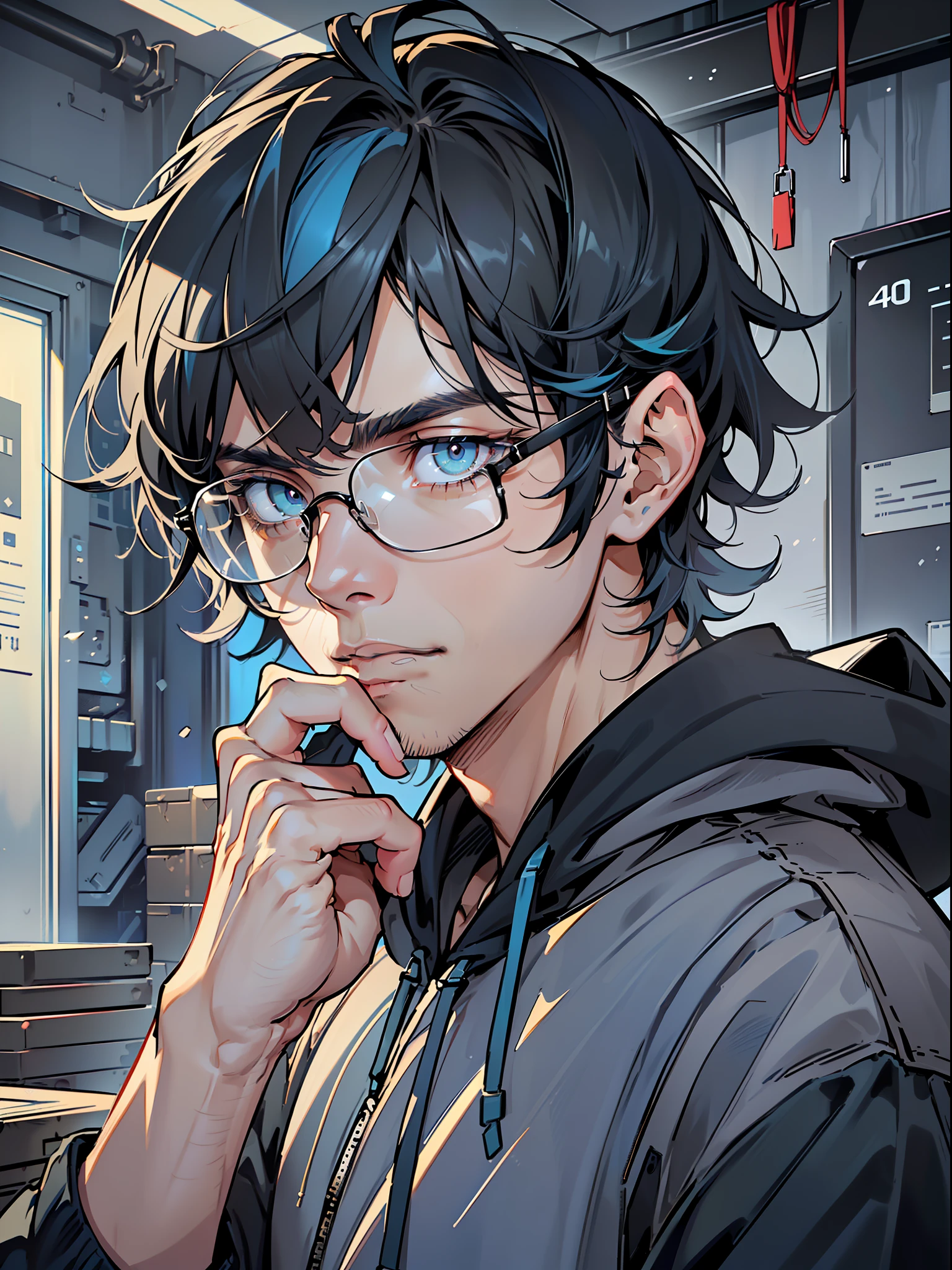 ((highest quality, masterpiece, 4k, finely detailed, detailed eyes, detailed face, intricate details)), ((solo)), 1boy, male, masculine, handsome, adult man, guy, square jaw line skinny, lanky, ((shaggy messy hair, longbangs falling into face, messy bangs, dark blue hair color. Black hair strands)), ((pale blue eye color, half-lidded tired eyes, bags under eyes)), looking at viewer, neutral expression, (((modern hoodie with dark blue and black colors, baggy black cargo pants))), hacker room background, ((wearing thick glasses with black square frame))