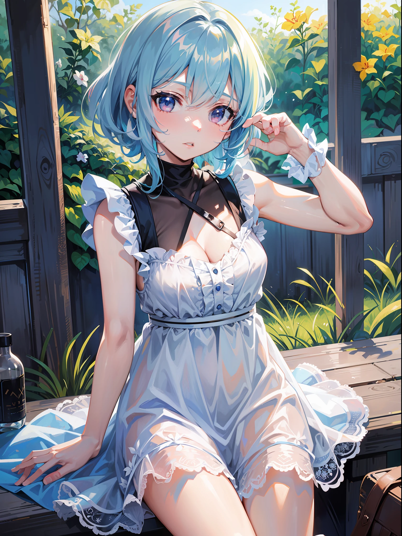 (Masterpiece), (Best Quality), Official Art, One , Lori with Pale Light Blue Hair, Sundress, Sleeveless, Small Breasts, Cleavage, Thigh Focus