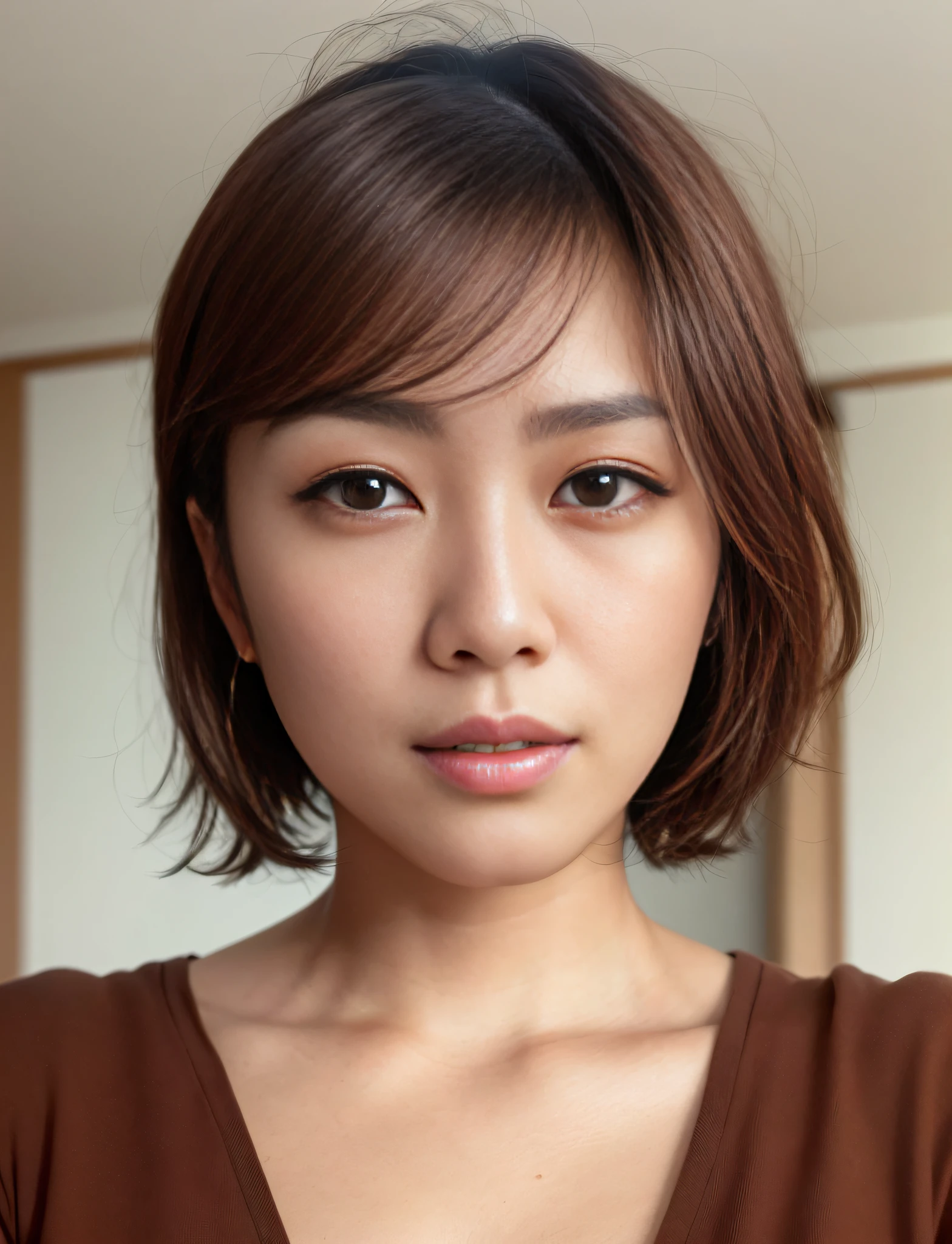 a close up of a woman with a brown shirt and a brown shirt, without makeup, korean symmetrical face, with no facial features, nanae kawahara, 30 years old woman, 3 0 years old woman, 2 7 years old, asian face, with short hair, 2 8 years old, chiho, taken in the early 2020s